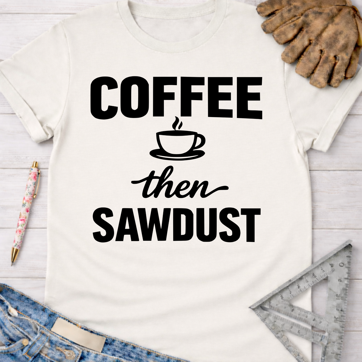 Women's funny woodworking graphic tee shirt for female woodworkers, makers, and DIY builders — Sawdust & Ponytails.