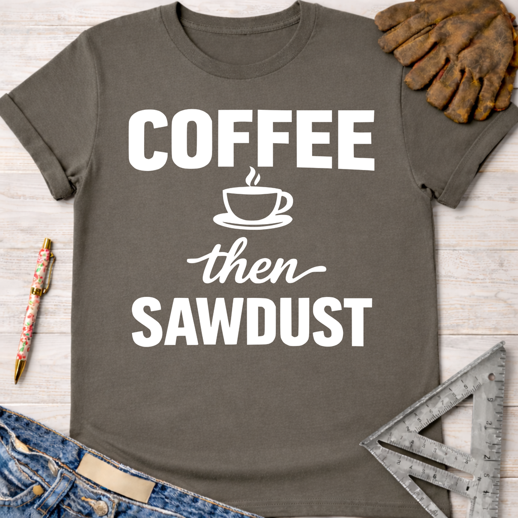 Women's funny woodworking graphic tee shirt for female woodworkers, makers, and DIY builders — Sawdust & Ponytails. Dark gray cotton tee with "Coffee then Sawdust" in white.