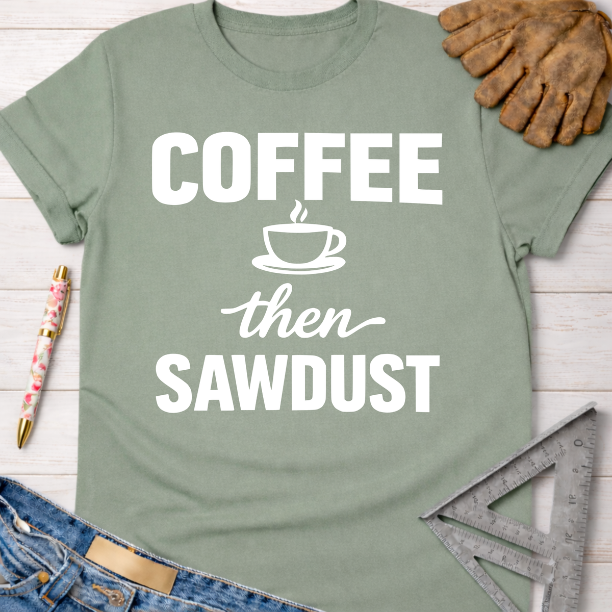 Women's funny woodworking graphic tee shirt for female woodworkers, makers, and DIY builders — Sawdust & Ponytails. Sage green short-sleeve tee with "Coffee then Sawdust" graphic.