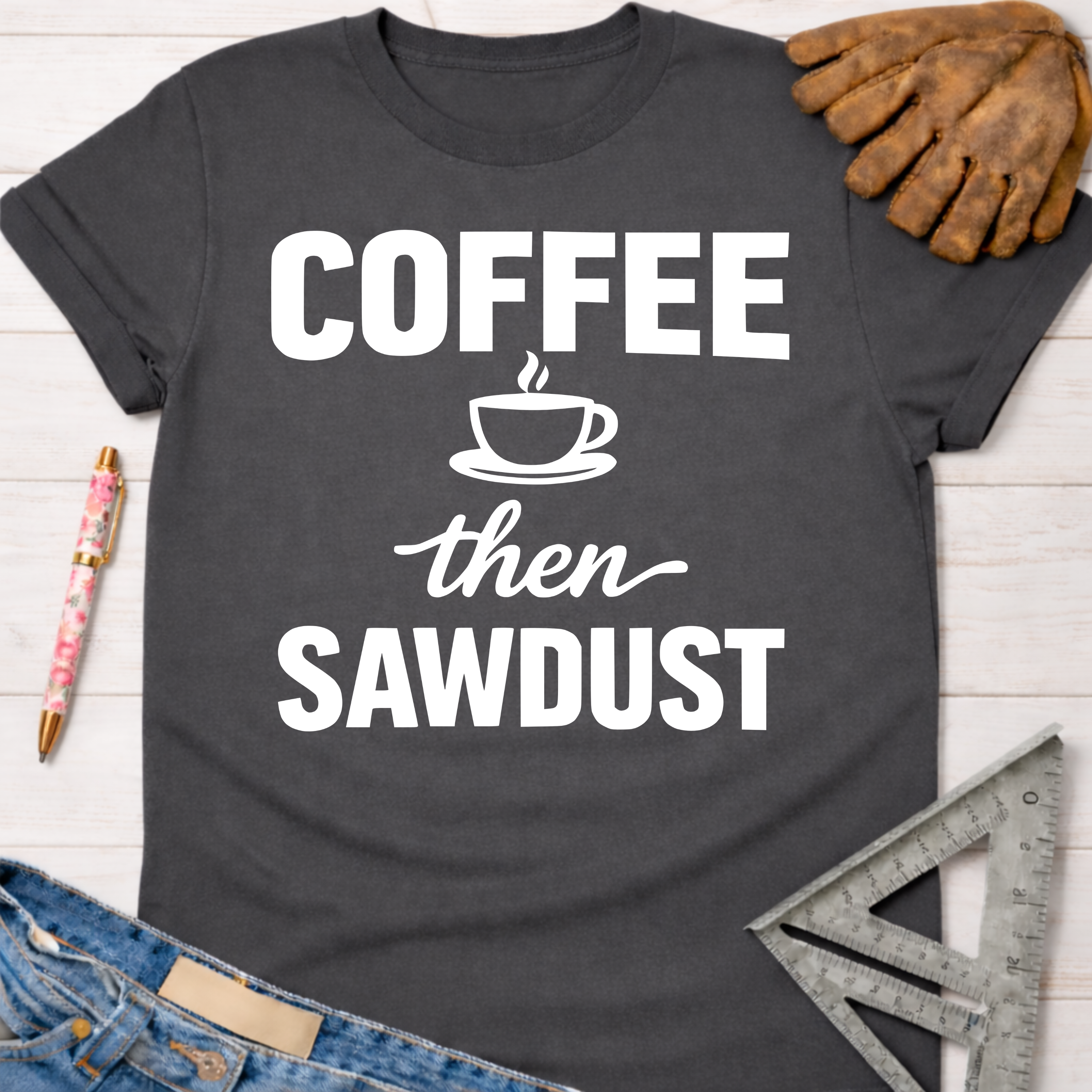 Women's funny woodworking graphic tee shirt for female woodworkers, makers, and DIY builders — Sawdust & Ponytails. Dark gray cotton tee with "Coffee then Sawdust" graphic, a coffee cup icon, and work gloves.
