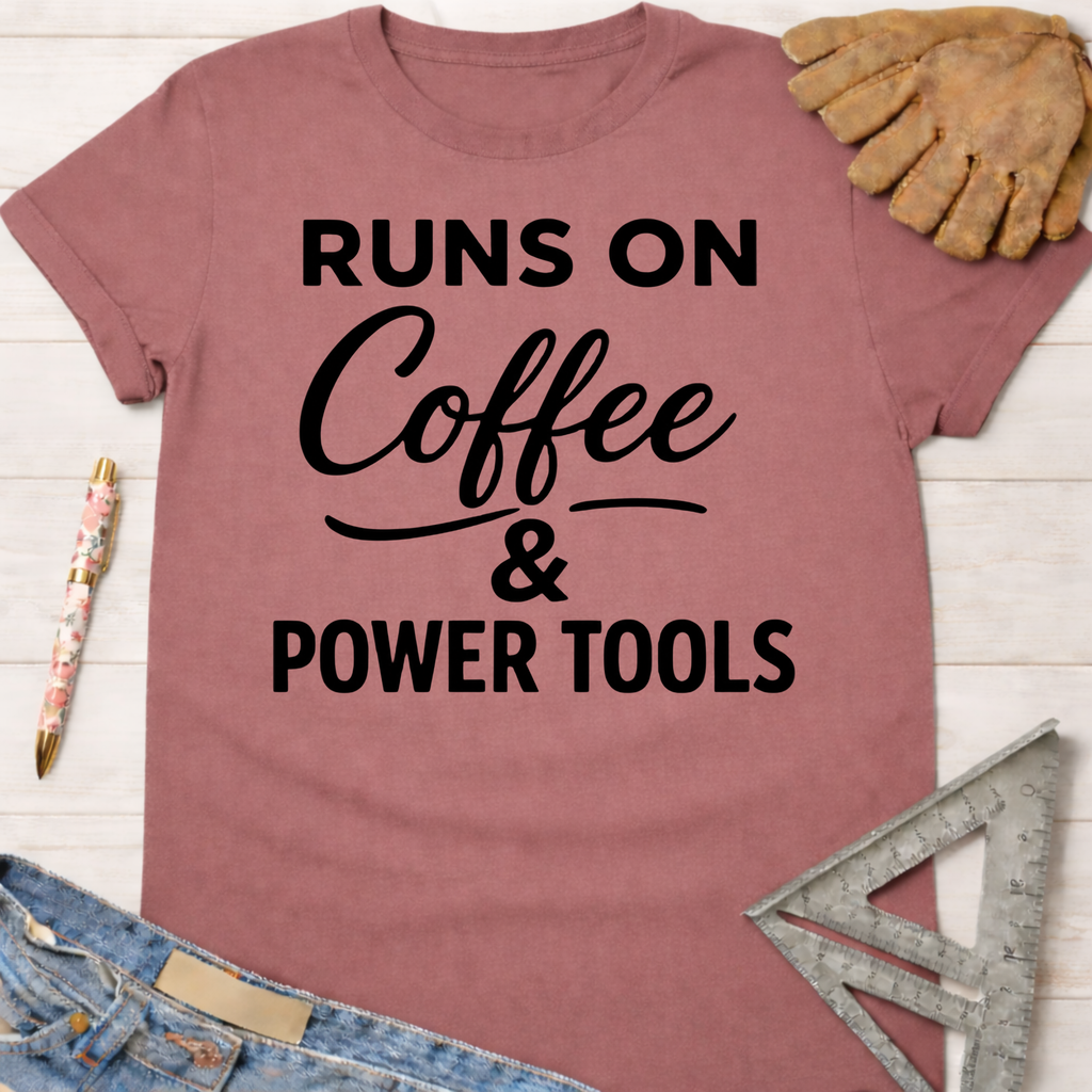 Women's funny woodworking graphic tee shirt for female woodworkers, makers, and DIY builders — Sawdust & Ponytails. Mauve t-shirt with "Runs On Coffee & Power Tools" text.