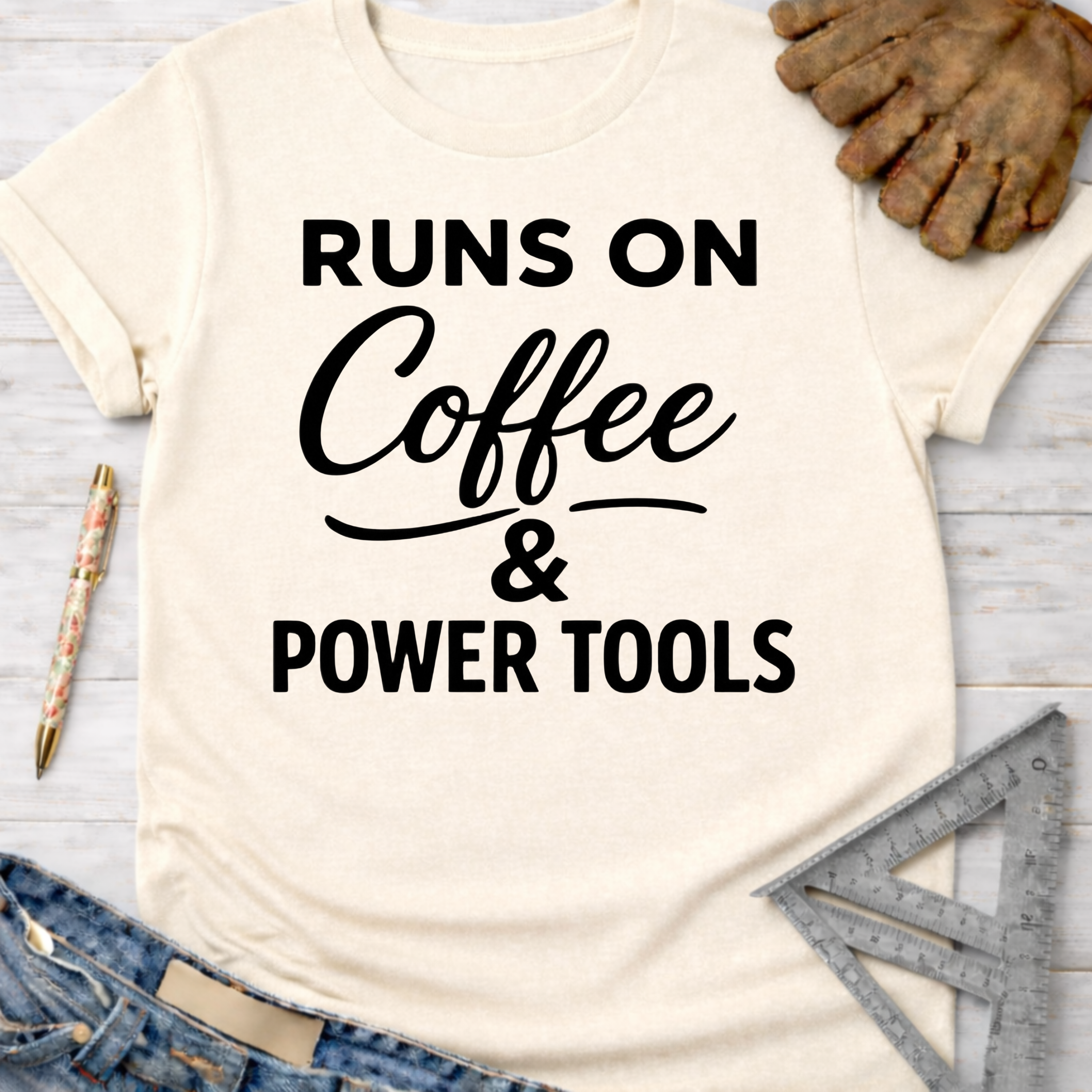 Women's funny woodworking graphic tee shirt for female woodworkers, makers, and DIY builders — Sawdust & Ponytails. Cream t-shirt with "Runs On Coffee & Power Tools" in black text.