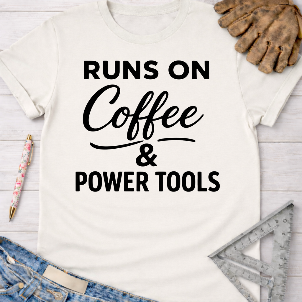 Women's funny woodworking graphic tee shirt for female woodworkers, makers, and DIY builders — Sawdust & Ponytails. White cotton t-shirt with "Runs On Coffee & Power Tools" in black text.