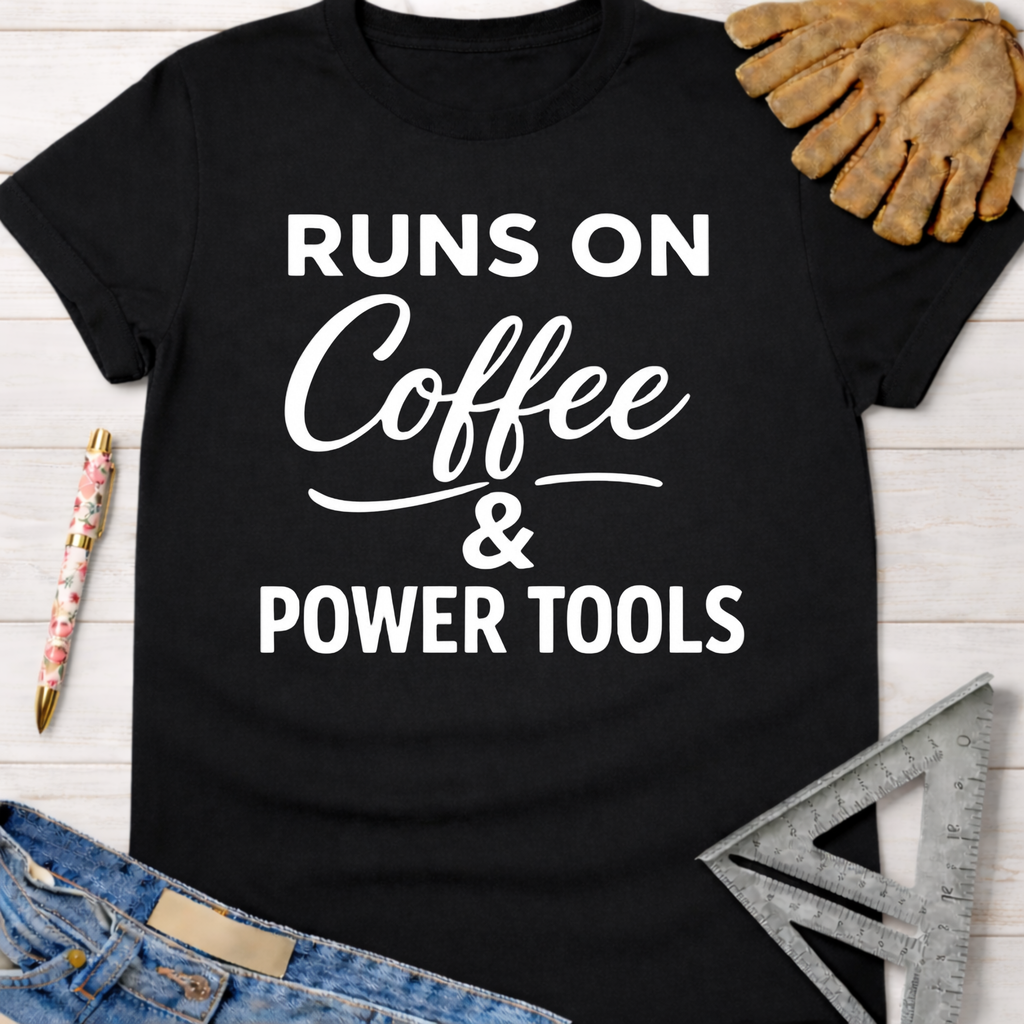 Women's funny woodworking graphic tee shirt for female woodworkers, makers, and DIY builders — Sawdust & Ponytails. Black cotton t-shirt with "Runs On Coffee & Power Tools" in white text.