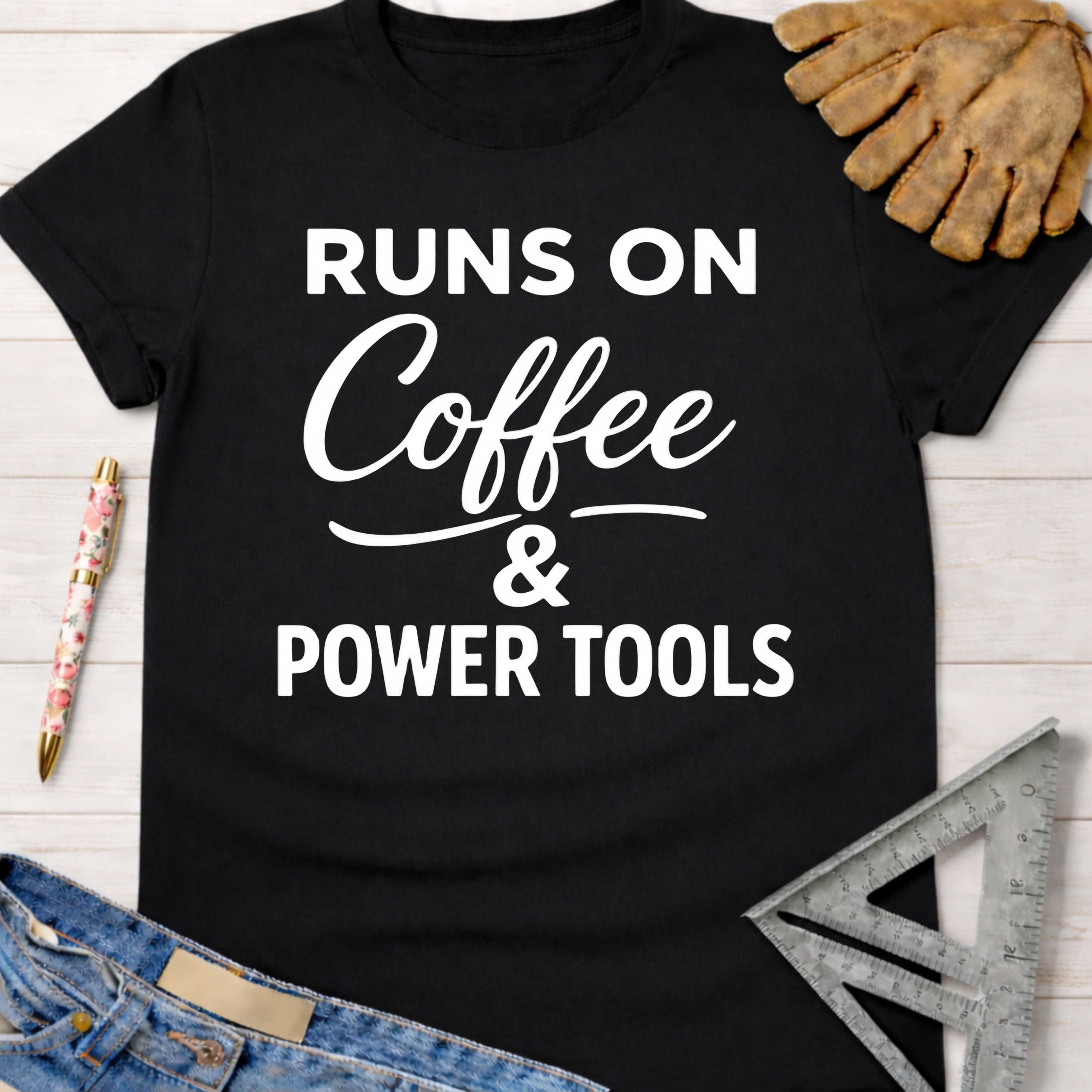 Women's funny woodworking graphic tee shirt for female woodworkers, makers, and DIY builders — Sawdust & Ponytails. Black cotton t-shirt with "Runs On Coffee & Power Tools" in white text.
