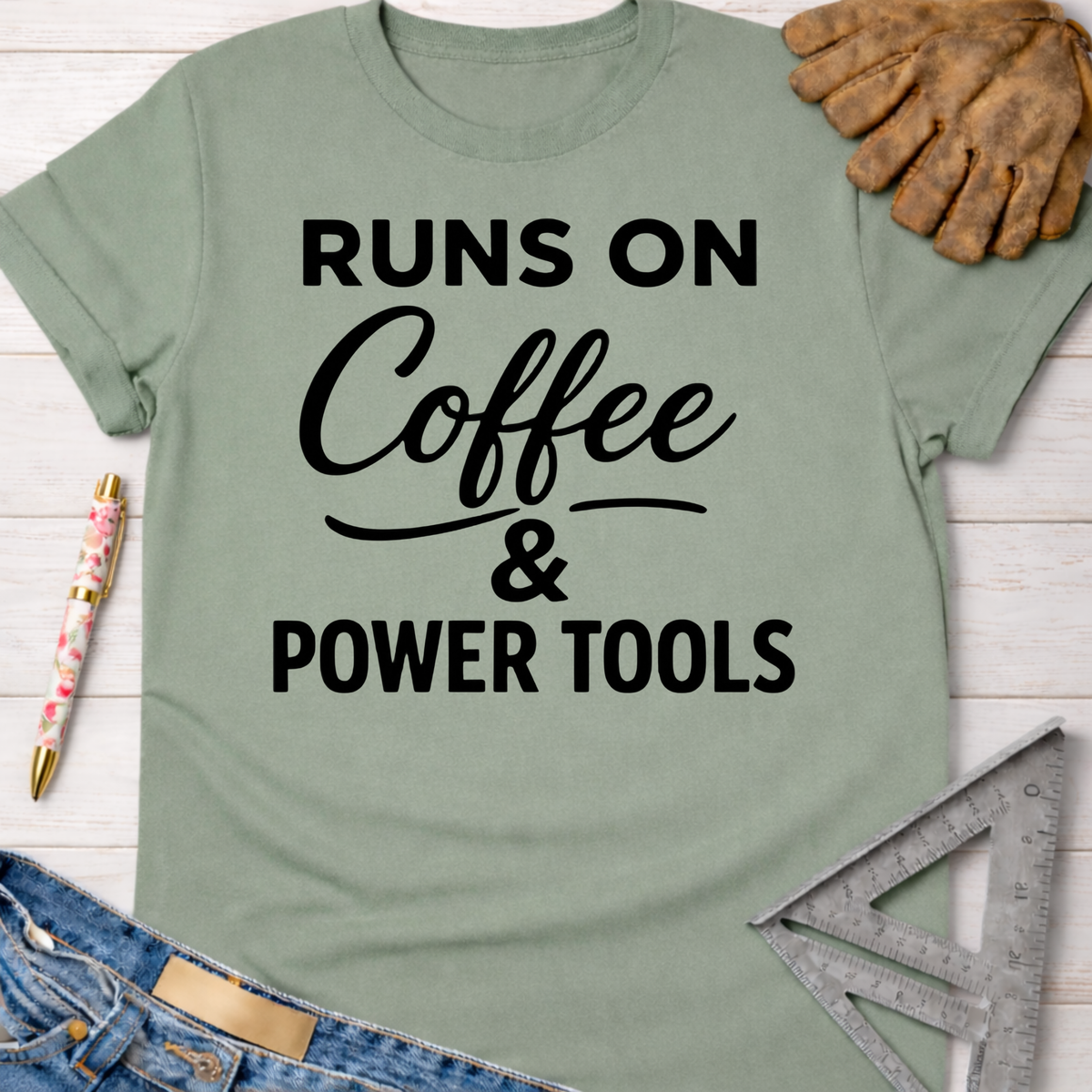 Women's funny woodworking graphic tee shirt for female woodworkers, makers, and DIY builders — Sawdust & Ponytails. Sage green cotton t-shirt with "Runs On Coffee & Power Tools" in black text.