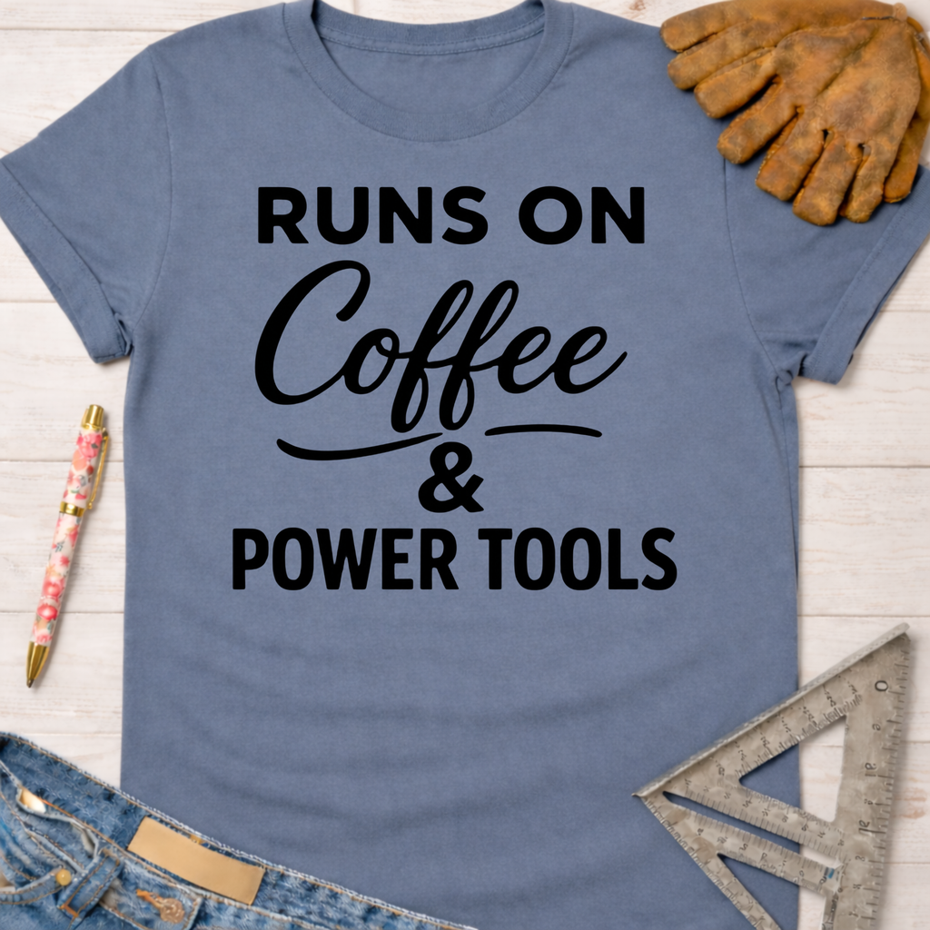 Women's funny woodworking graphic tee shirt for female woodworkers, makers, and DIY builders — Sawdust & Ponytails. Blue cotton t-shirt with "Runs On Coffee & Power Tools" text.