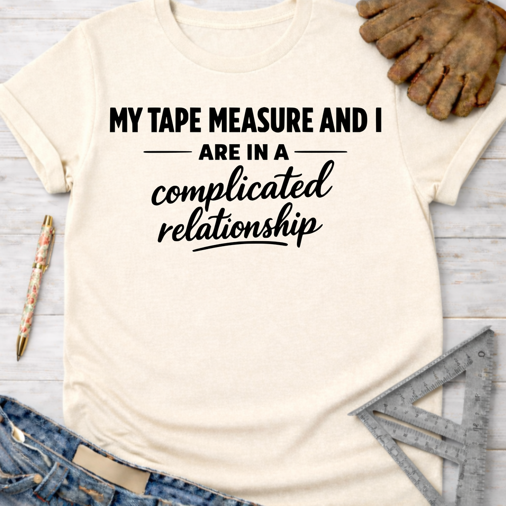 Women's funny woodworking graphic tee shirt for female woodworkers, makers, and DIY builders — Sawdust & Ponytails. Cream short-sleeve tee with "My Tape Measure And I Are In A Complicated Relationship" text.