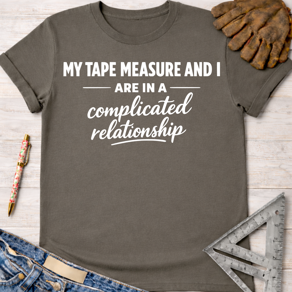 Women's funny woodworking graphic tee shirt for female woodworkers, makers, and DIY builders — Sawdust & Ponytails. Dark gray t-shirt with "MY TAPE MEASURE AND I ARE IN A complicated relationship" in white text.