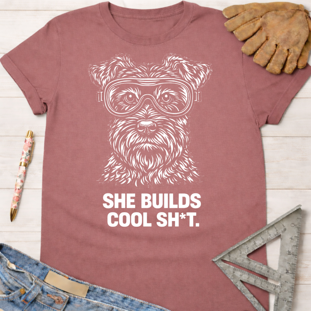 Women's funny woodworking graphic tee shirt for female woodworkers, makers, and DIY builders — Sawdust & Ponytails.