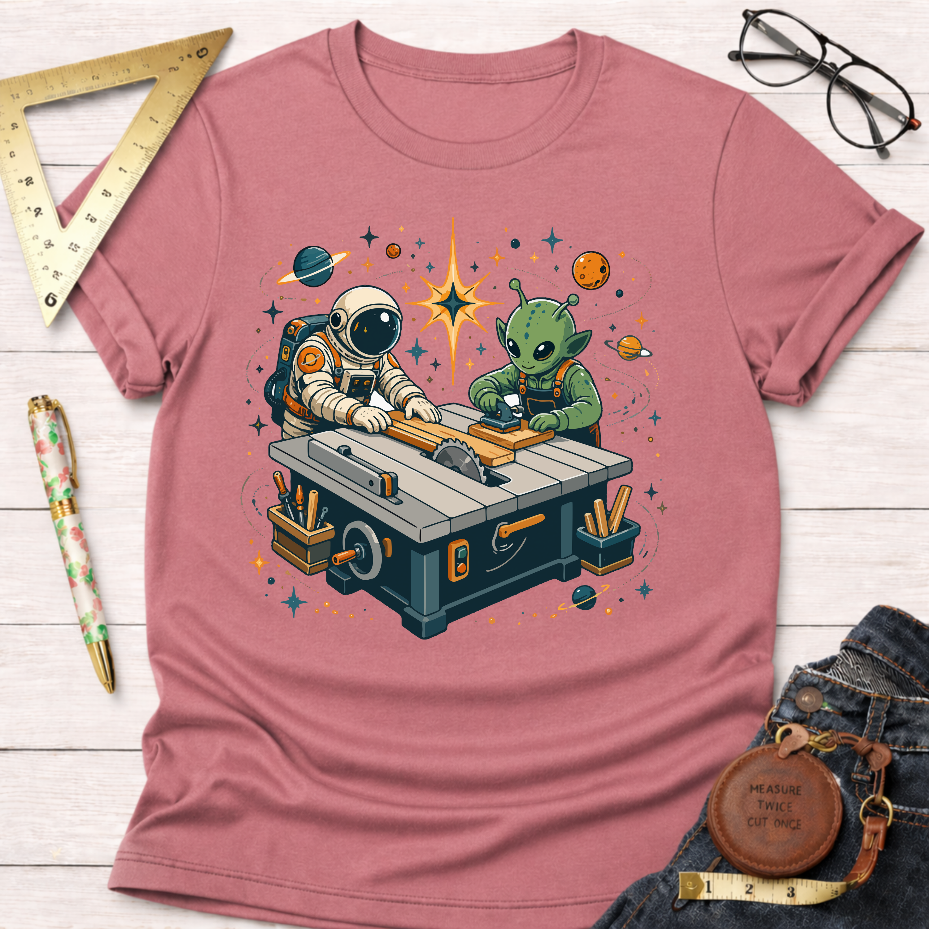 Heather pink t-shirt with a cartoon astronaut and alien woodworking at a table saw, surrounded by stars and planets.