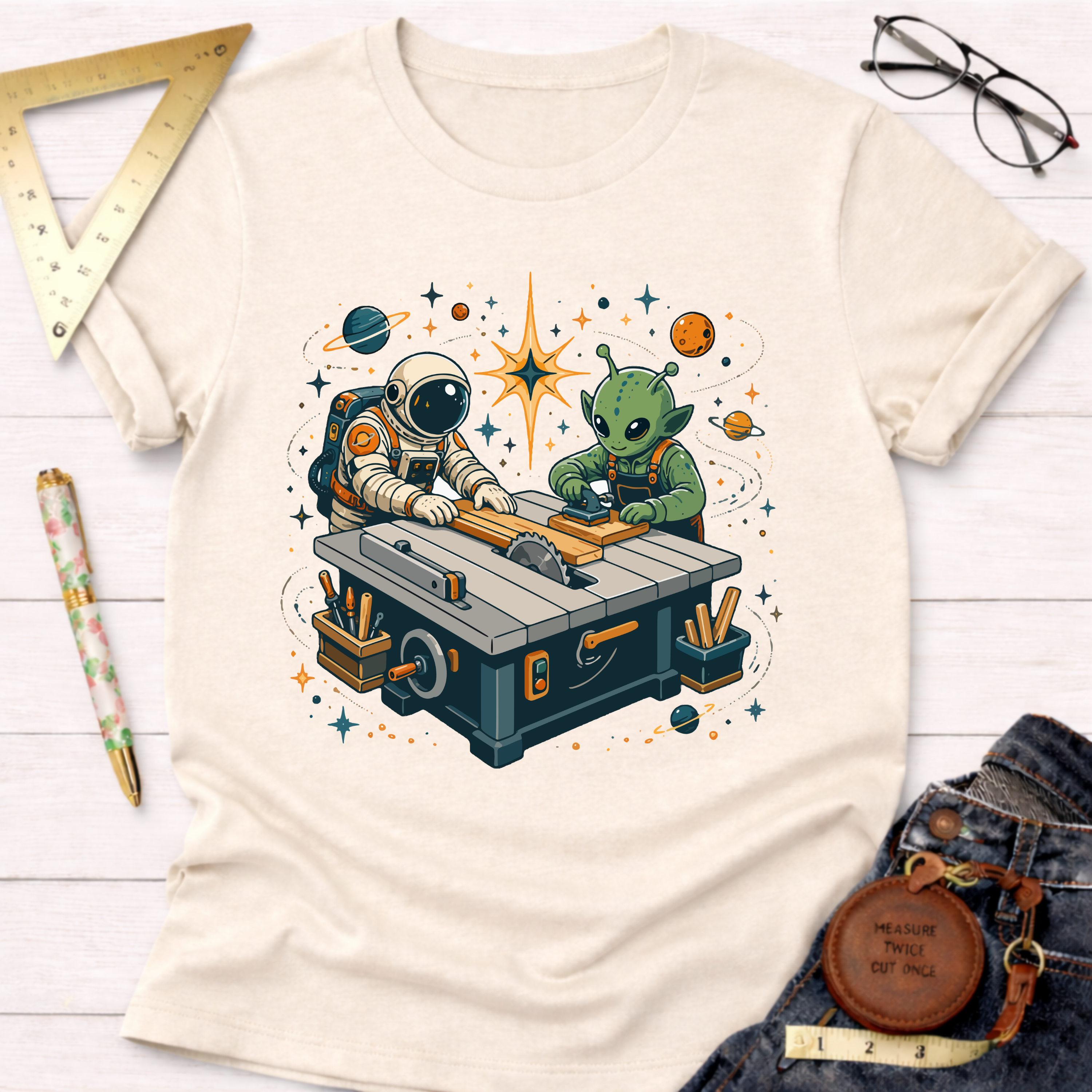 Cream cotton t-shirt with a graphic of an astronaut and alien woodworking at a table saw.