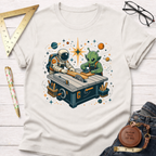 Cosmic Workshop T-shirt: White cotton tee with an astronaut and alien woodworking at a table saw.