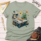 Sage green cotton t-shirt with a graphic of an astronaut and alien woodworking at a table saw.