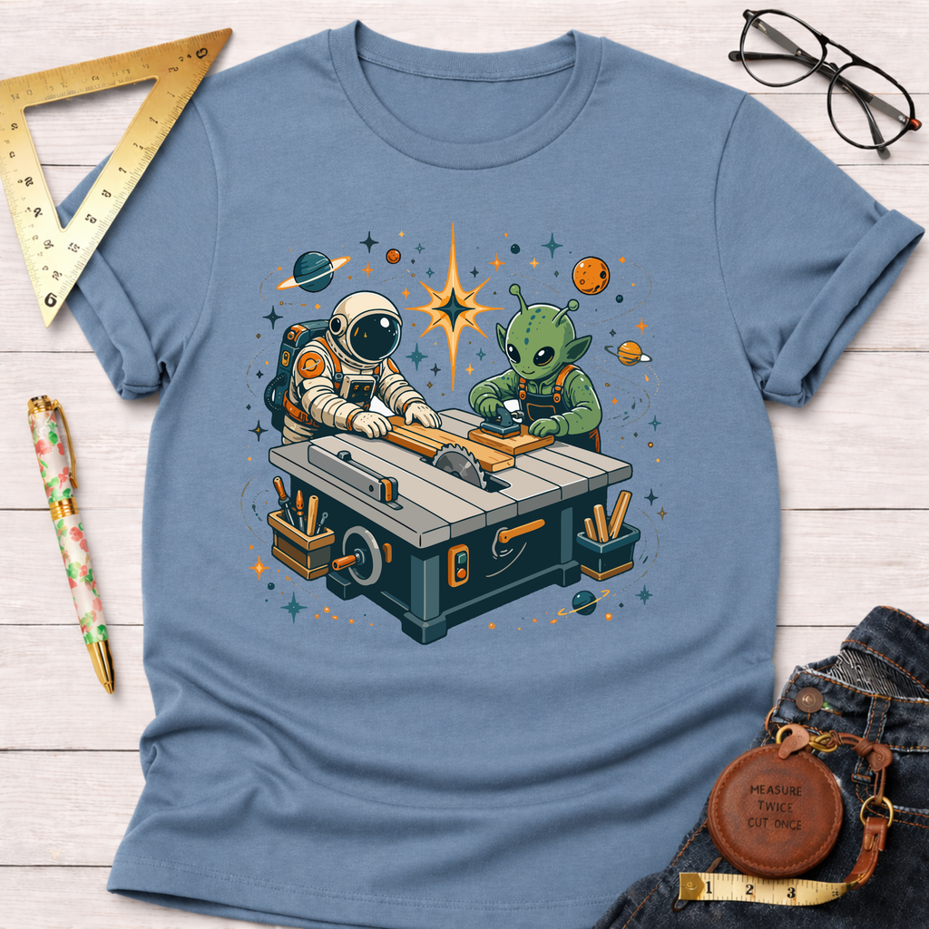 Light blue cotton t-shirt with an astronaut and alien woodworking at a table saw, surrounded by planets.