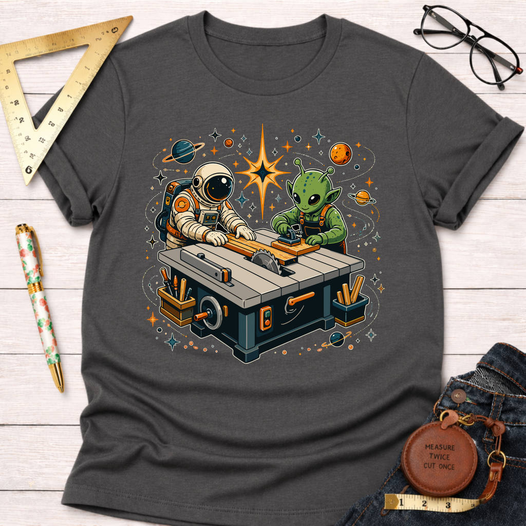 Dark gray cotton t-shirt with an astronaut and alien woodworking at a table saw, surrounded by stars and planets.