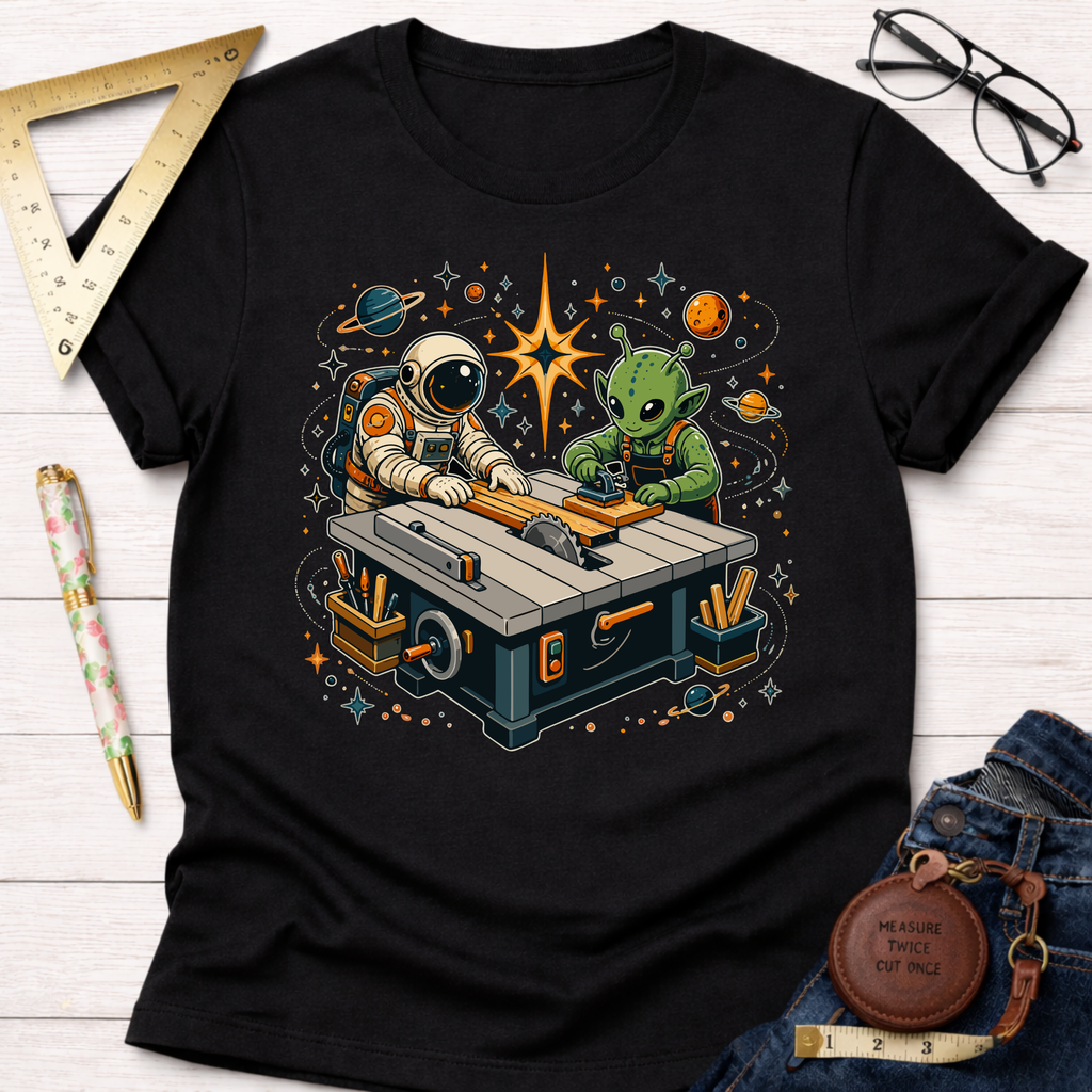 Black cotton "Cosmic Workshop" t-shirt featuring an astronaut and alien woodworking at a table saw.