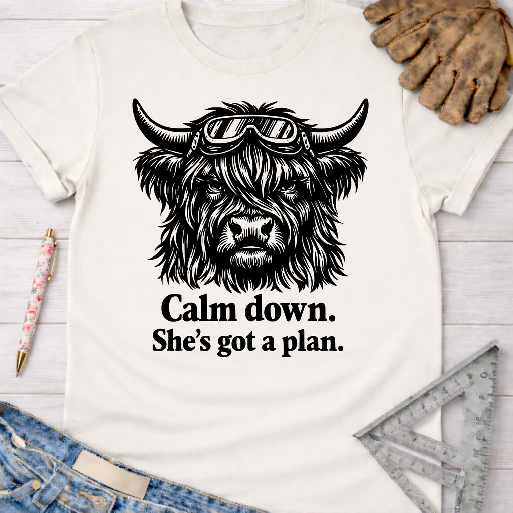 Women's funny woodworking graphic tee shirt for female woodworkers, makers, and DIY builders — Sawdust & Ponytails. White cotton tee with a black graphic of a Highland cow wearing goggles and the text "Calm down. She's got a plan.