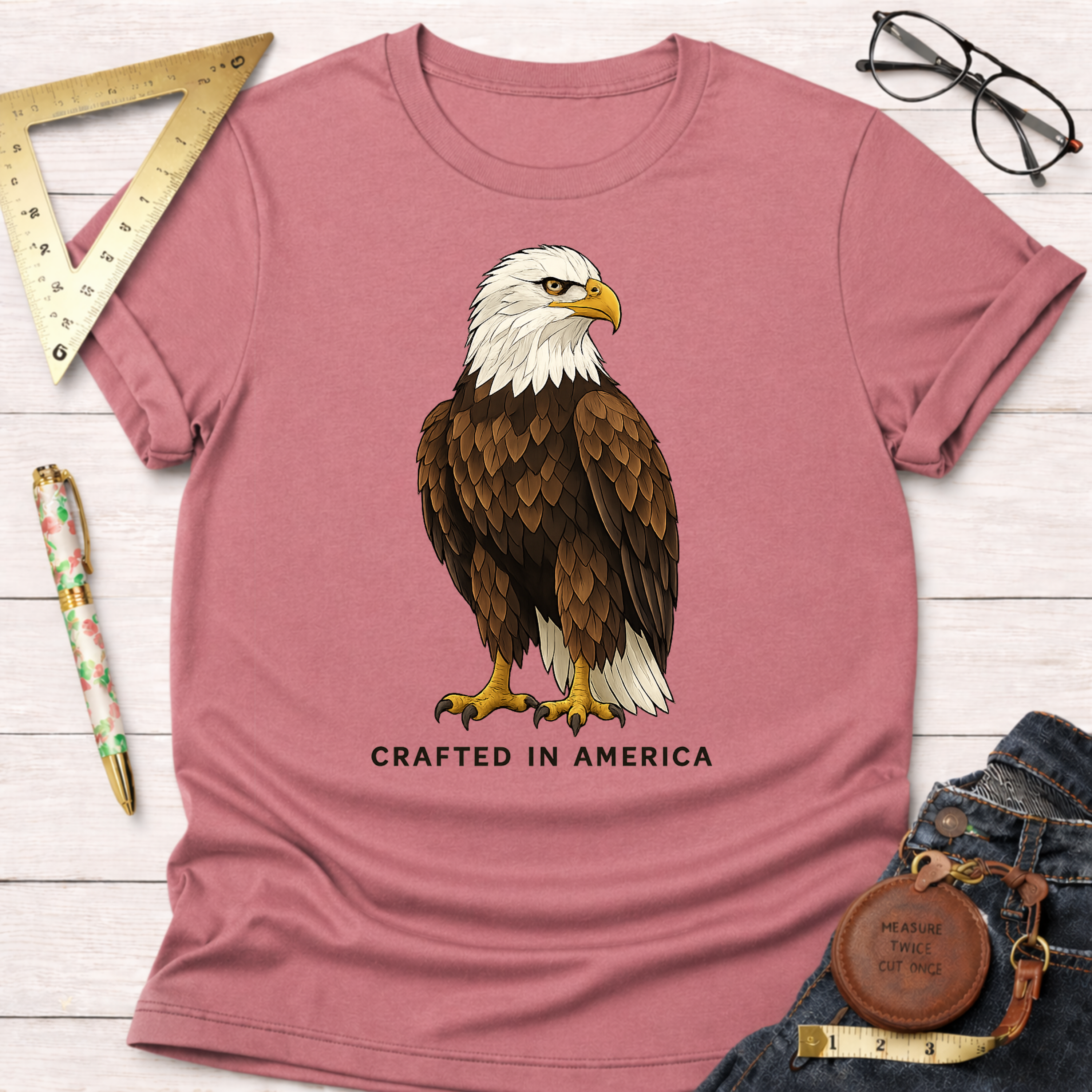 Dusty rose 100% cotton t-shirt with a detailed bald eagle graphic and "CRAFTED IN AMERICA" text.