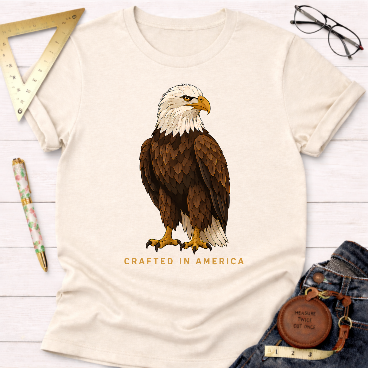 Cream t-shirt with a detailed bald eagle graphic and "CRAFTED IN AMERICA" text.