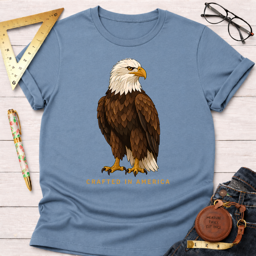 Light blue cotton t-shirt with a detailed bald eagle graphic and "CRAFTED IN AMERICA" text.