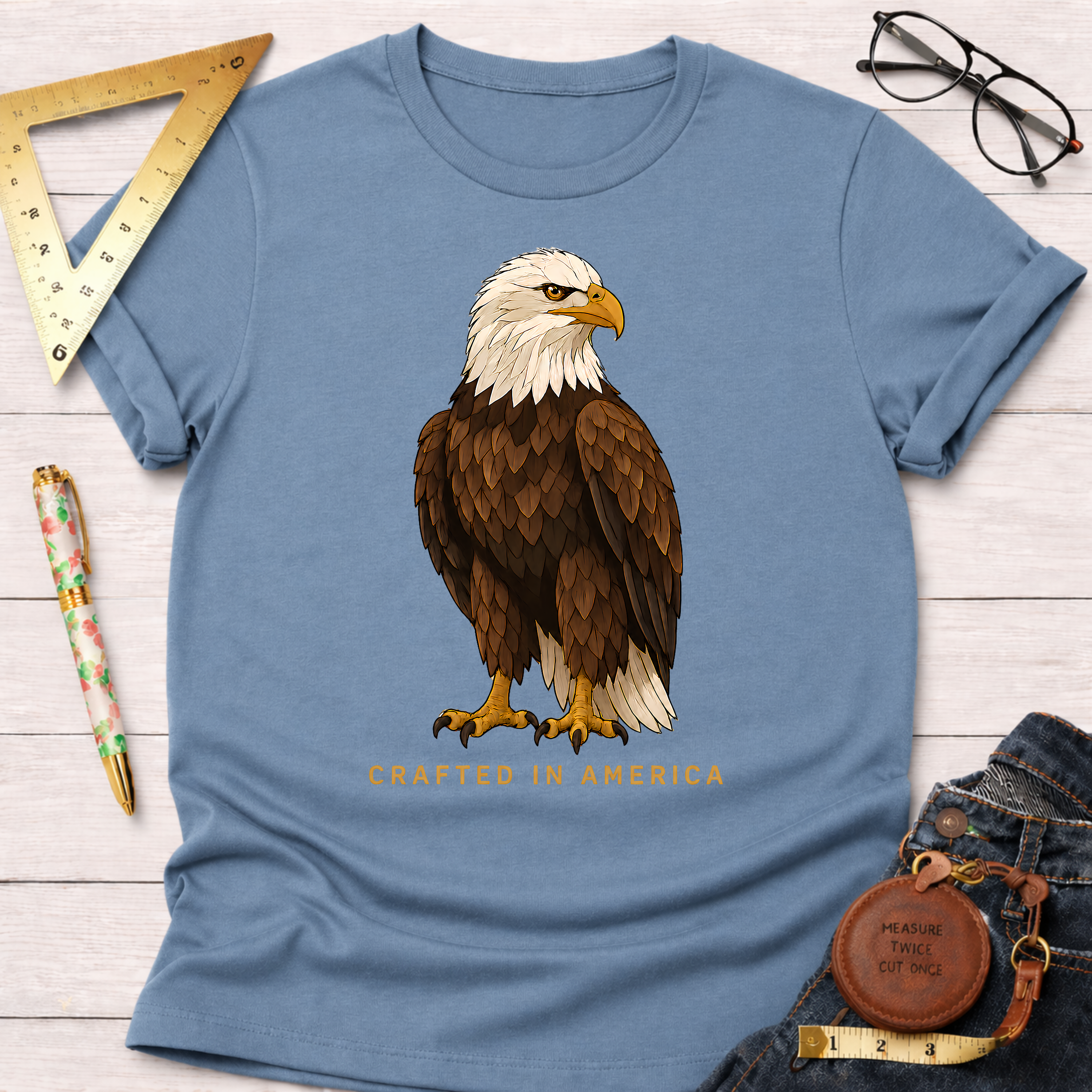 Light blue cotton t-shirt with a detailed bald eagle graphic and "CRAFTED IN AMERICA" text.