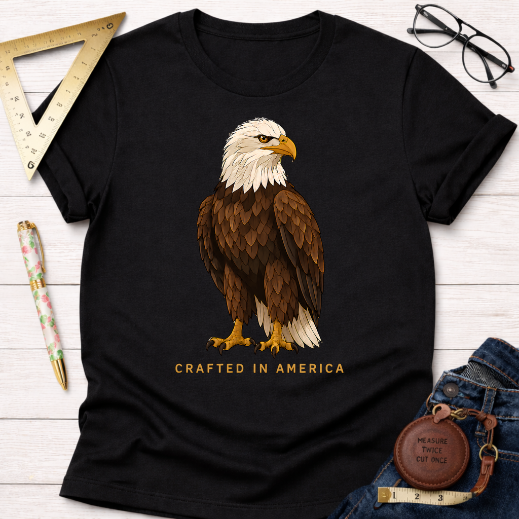 Black 100% cotton t-shirt with a detailed bald eagle graphic and "CRAFTED IN AMERICA" text.