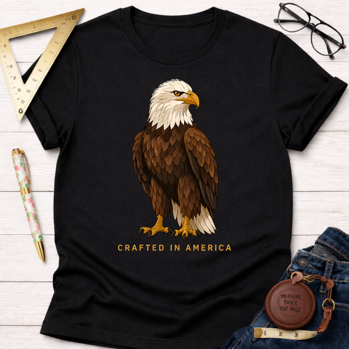 Black 100% cotton t-shirt with a detailed bald eagle graphic and "CRAFTED IN AMERICA" text.