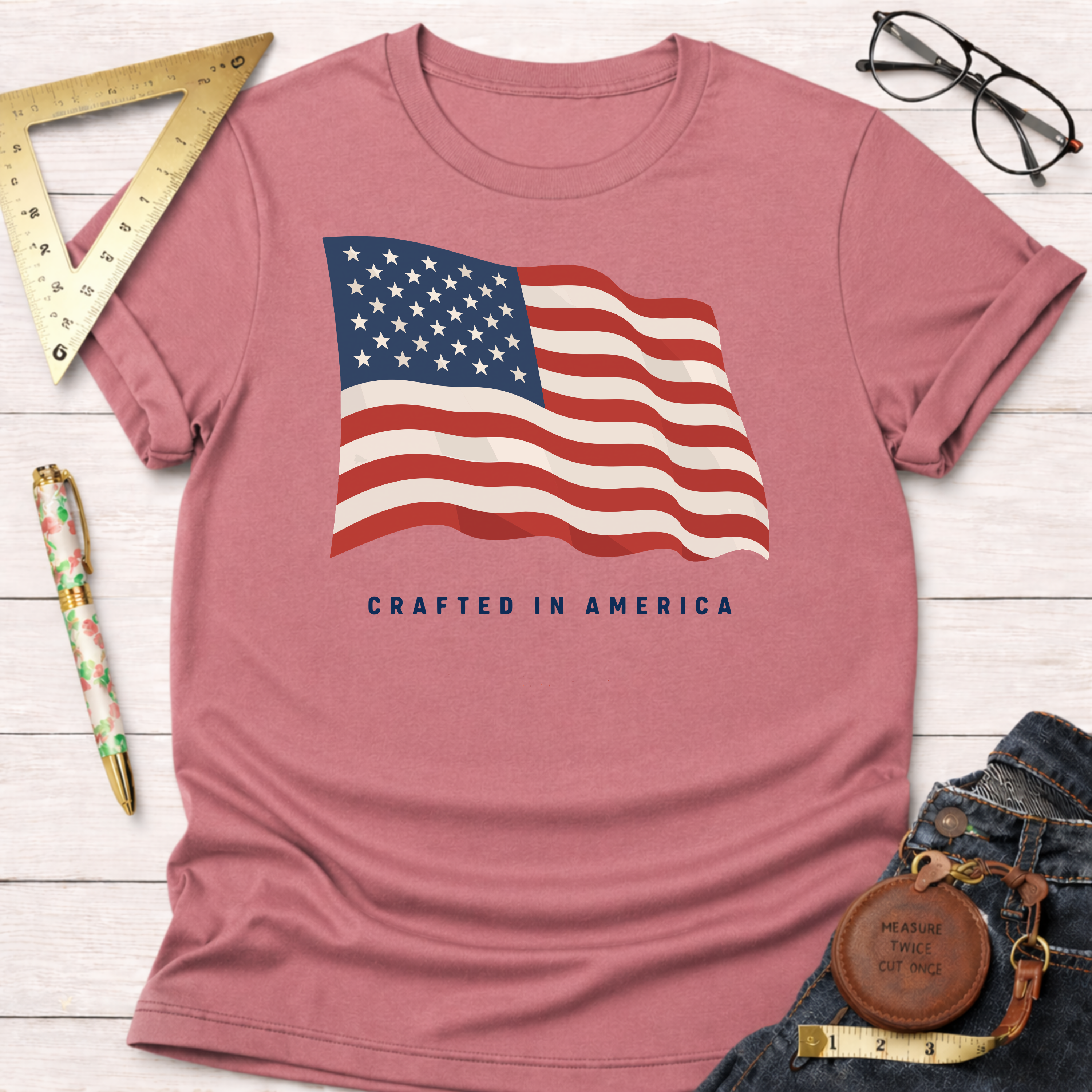 Heather rose t-shirt with a waving American flag graphic and "CRAFTED IN AMERICA" text.