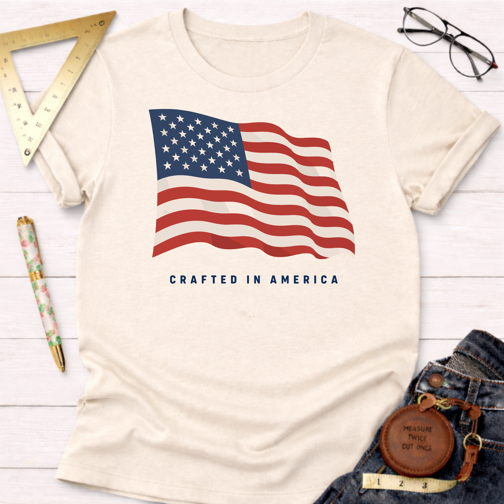 Cream t-shirt with a waving American flag design and "CRAFTED IN AMERICA" text.