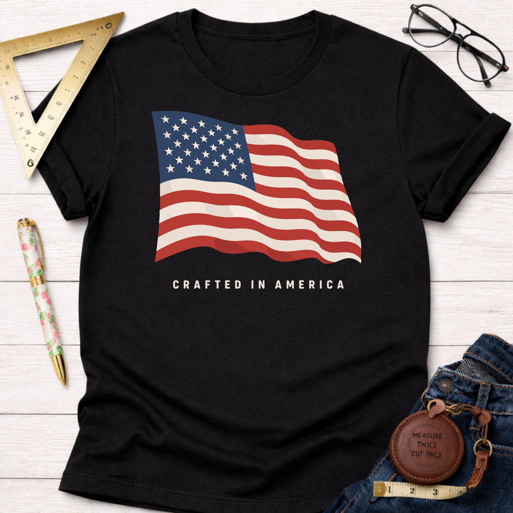 Black t-shirt with a waving American flag graphic and "CRAFTED IN AMERICA" text.