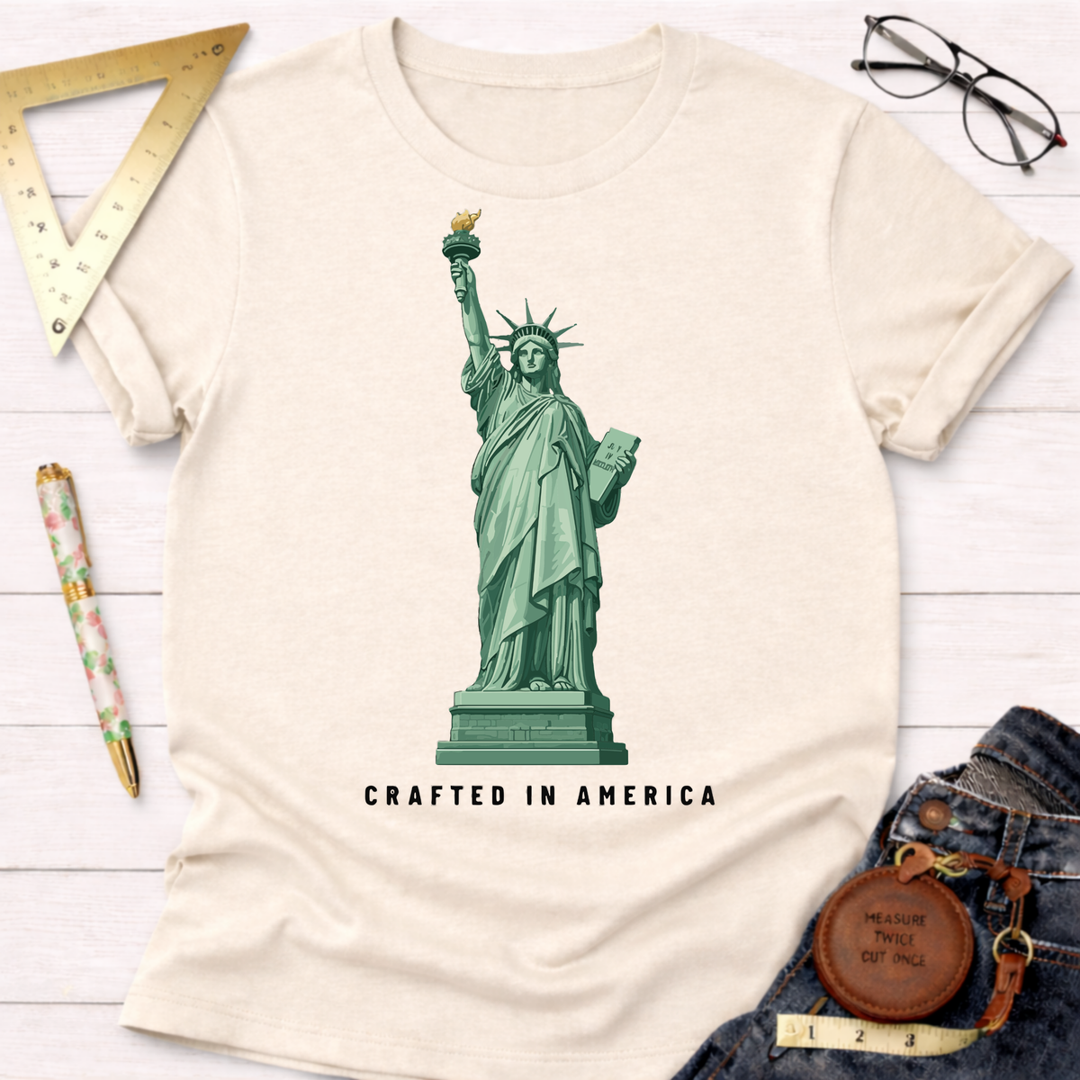 Lady Liberty graphic on a cream cotton t-shirt with "CRAFTED IN AMERICA" text.
