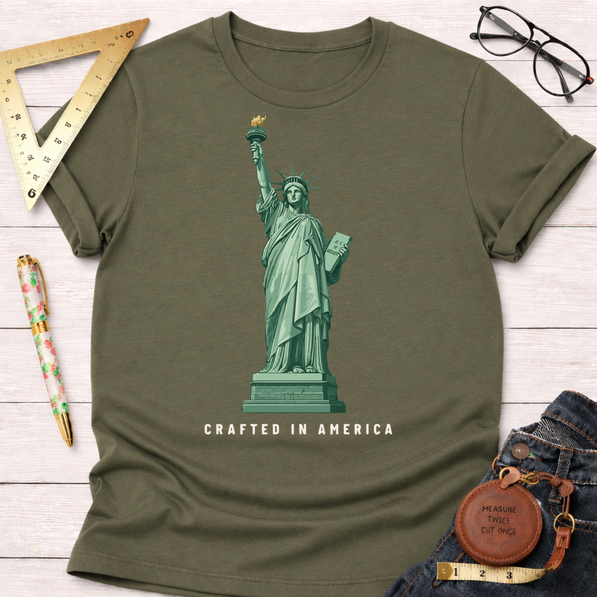 Olive green cotton t-shirt with a detailed Lady Liberty graphic and "CRAFTED IN AMERICA" text.