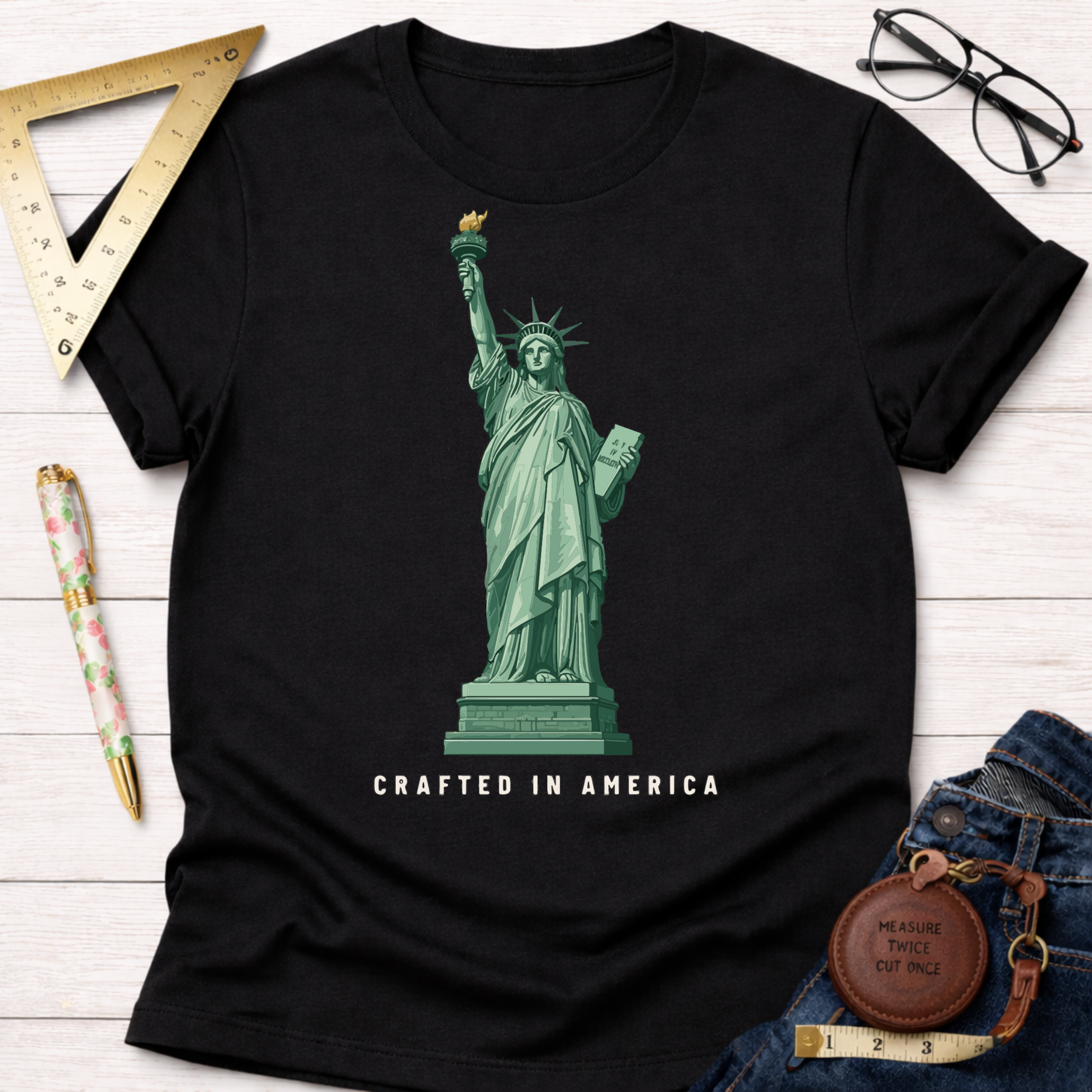 Black cotton t-shirt with a green Lady Liberty graphic and "CRAFTED IN AMERICA" text.