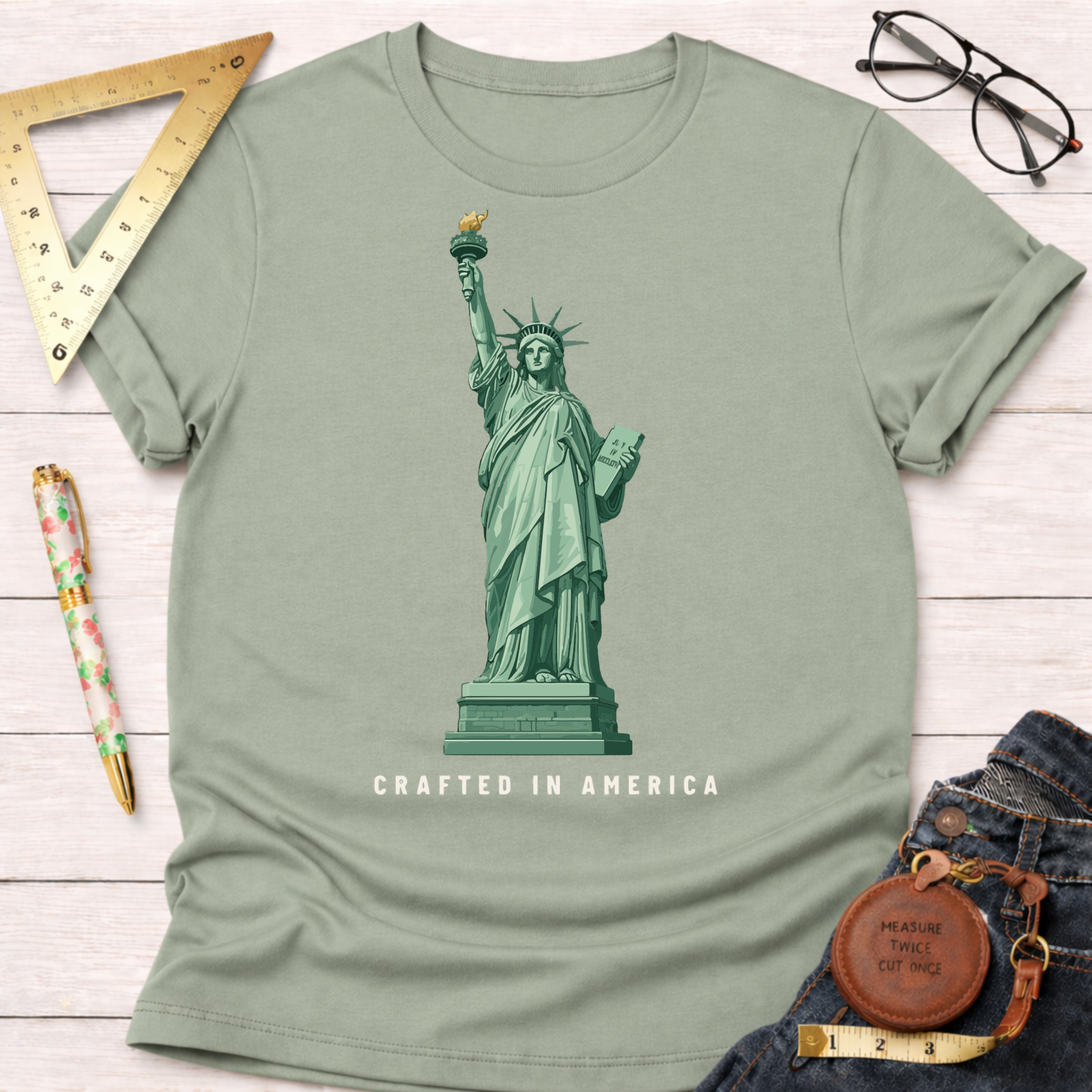 Sage green Lady Liberty t-shirt with "Crafted In America" text, shown on a white wood surface.