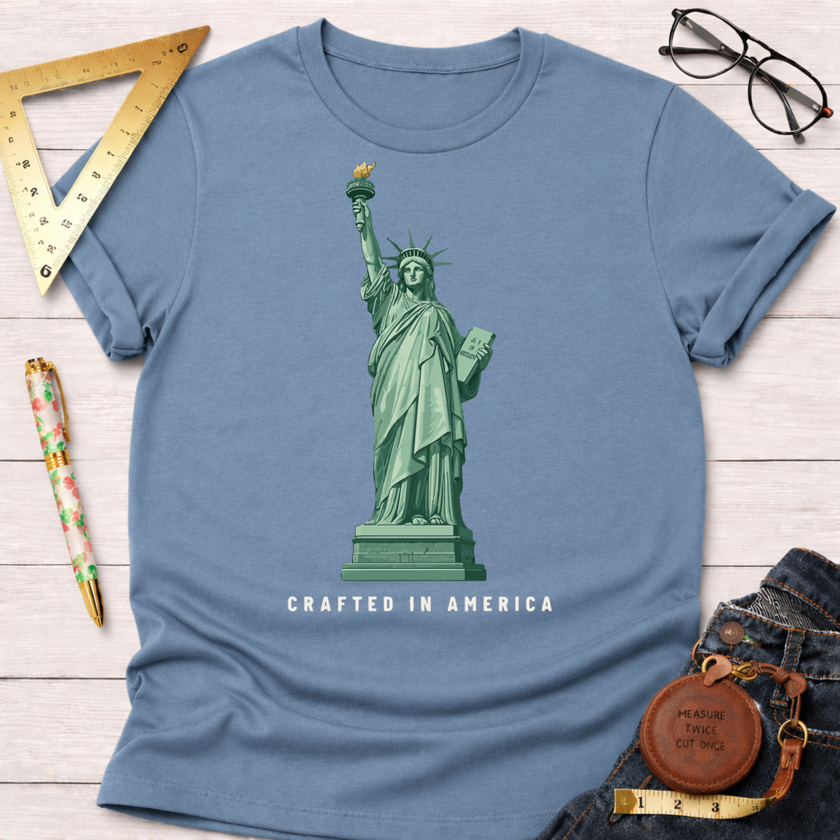 Blue cotton t-shirt with a detailed graphic of the Statue of Liberty and "CRAFTED IN AMERICA" text.