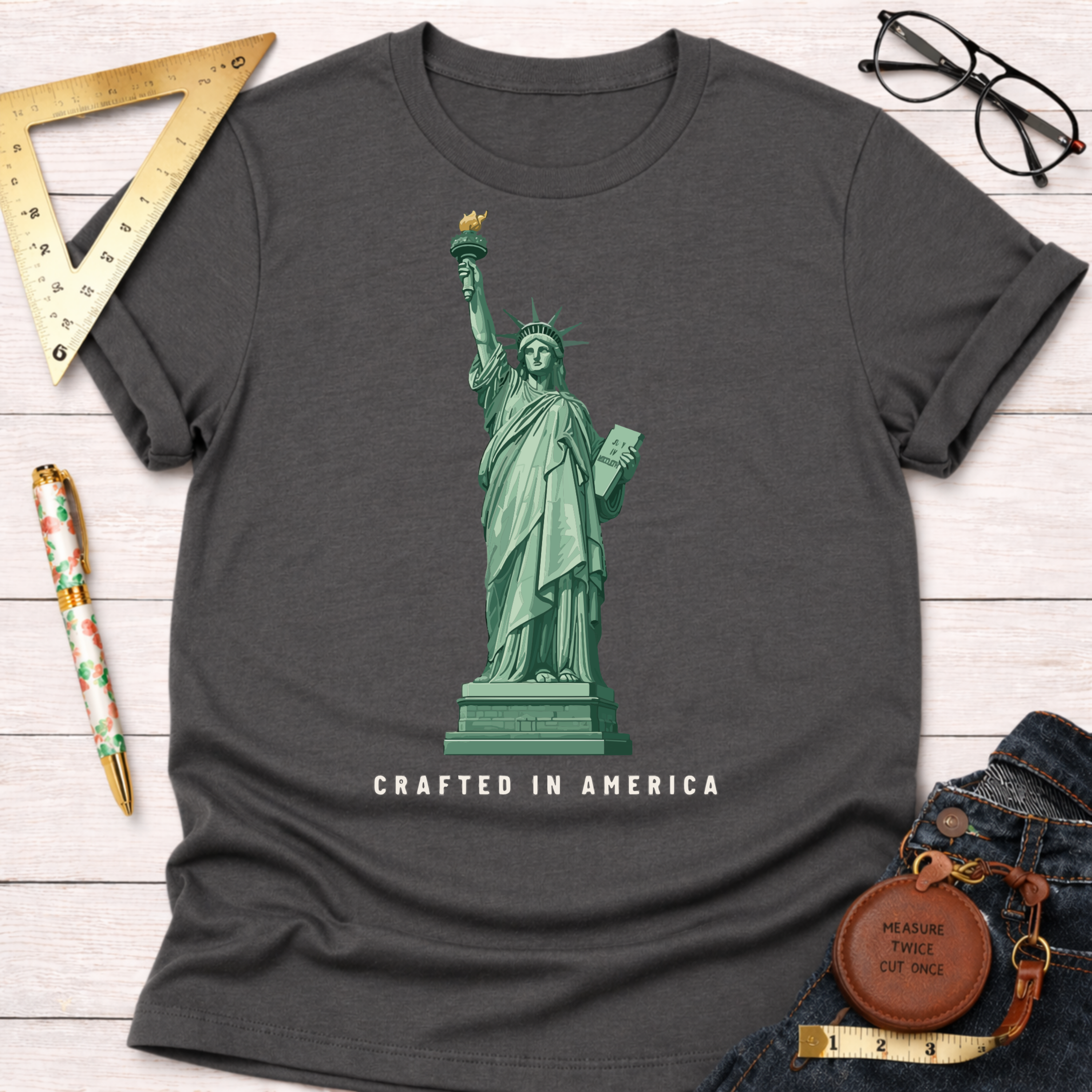 Charcoal gray cotton t-shirt with a green Statue of Liberty graphic and "CRAFTED IN AMERICA" text.