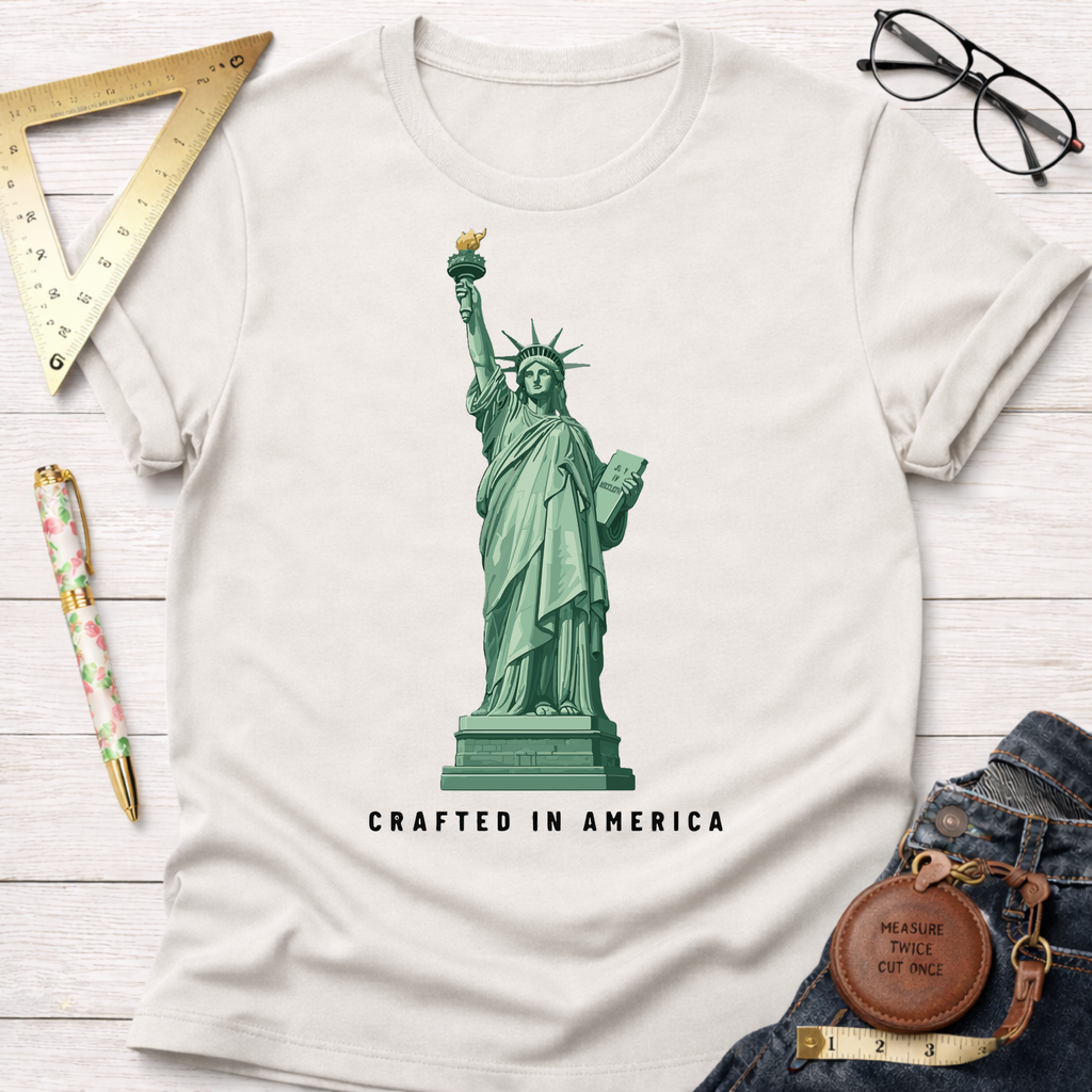 Off-white cotton t-shirt with a green Lady Liberty graphic and "CRAFTED IN AMERICA" text.