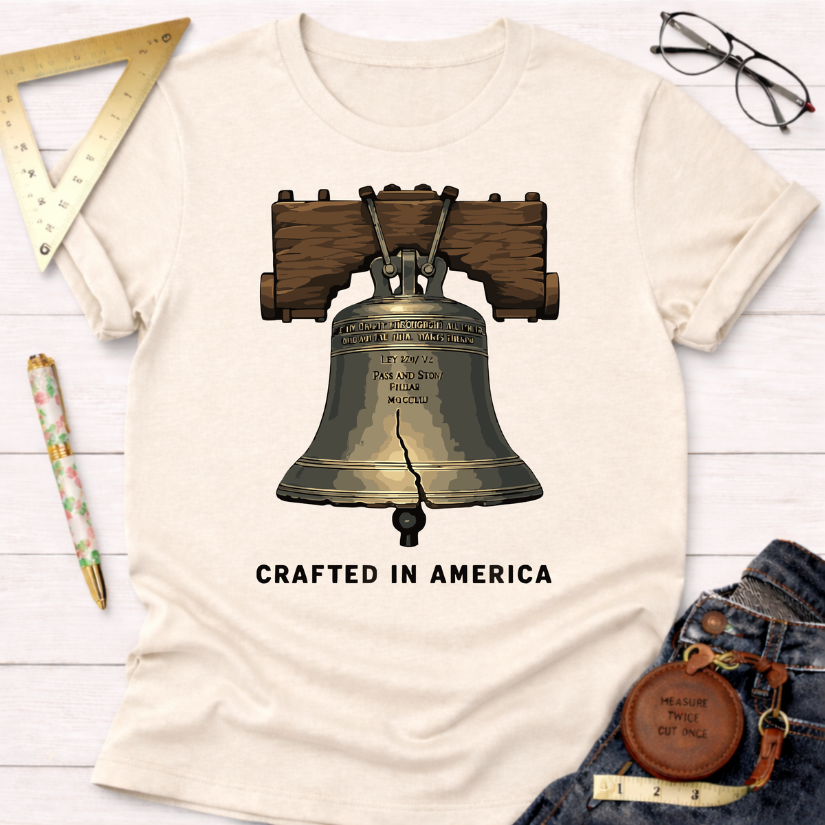 Cream t-shirt with a cracked Liberty Bell graphic and "CRAFTED IN AMERICA" text.