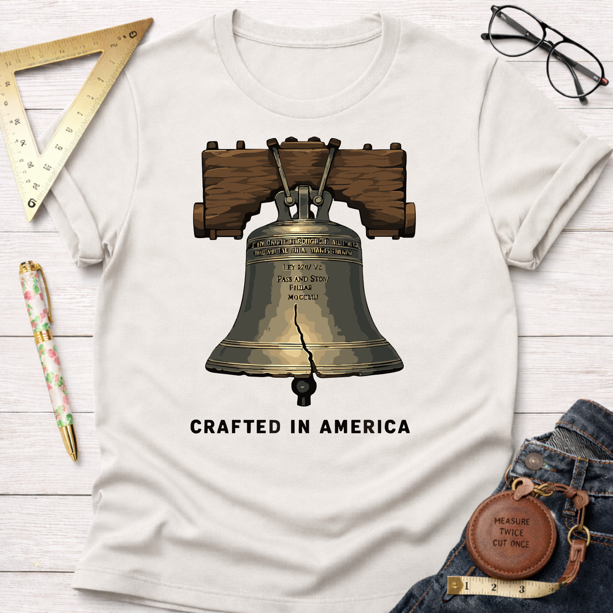 White cotton t-shirt with a detailed Liberty Bell graphic and "CRAFTED IN AMERICA" text.