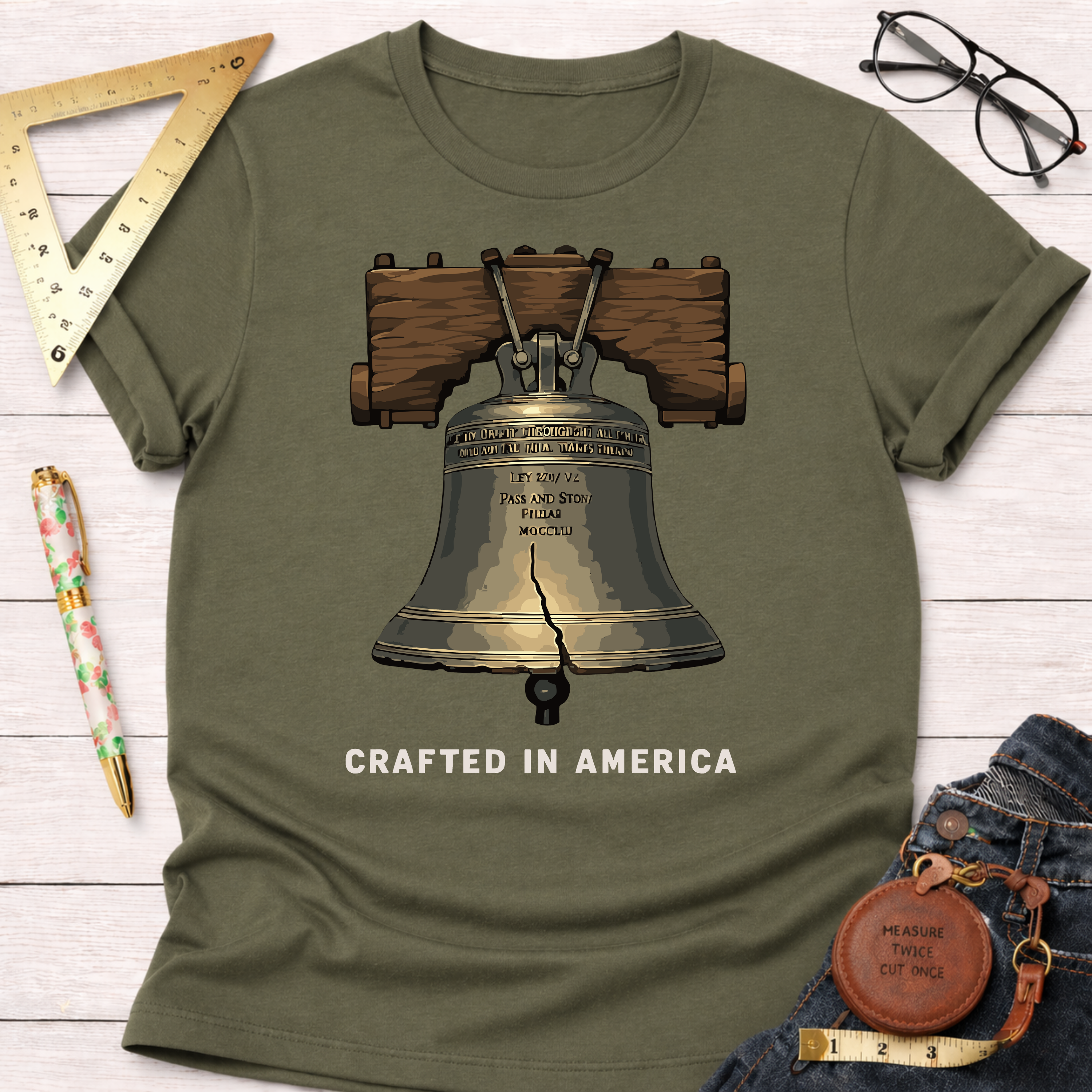 Olive green "Crafted In America Liberty Bell" t-shirt with a detailed graphic of the cracked bell.