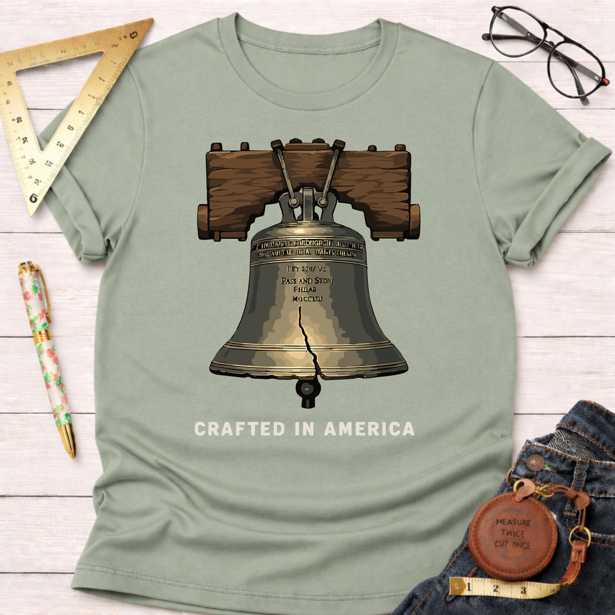 Sage green t-shirt with a detailed Liberty Bell graphic and "CRAFTED IN AMERICA" text.