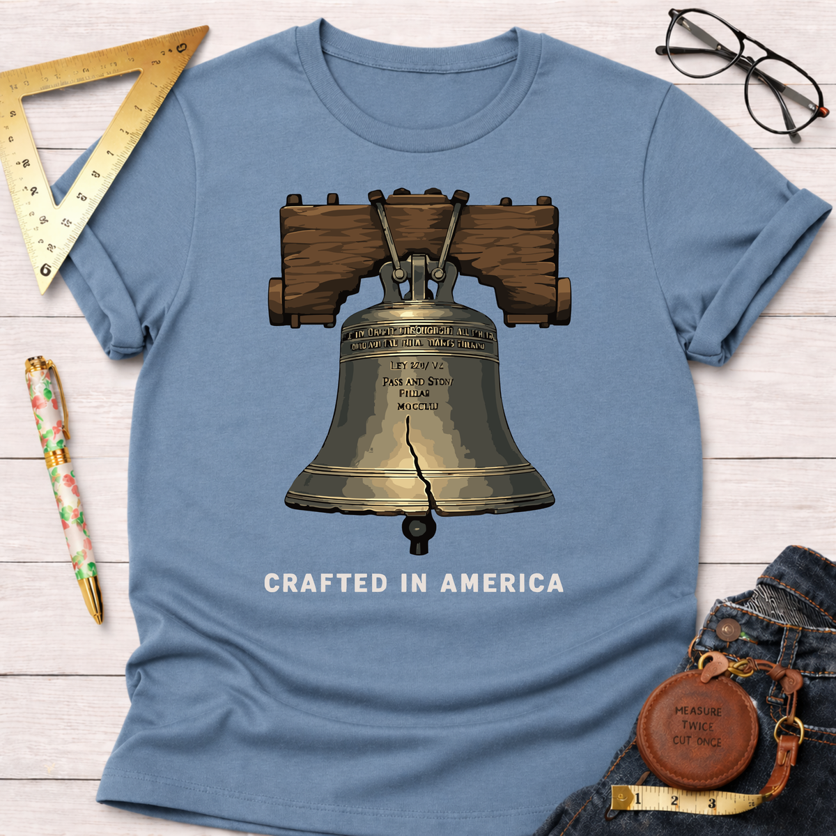 Light blue cotton t-shirt with a detailed Liberty Bell graphic and "CRAFTED IN AMERICA" text.