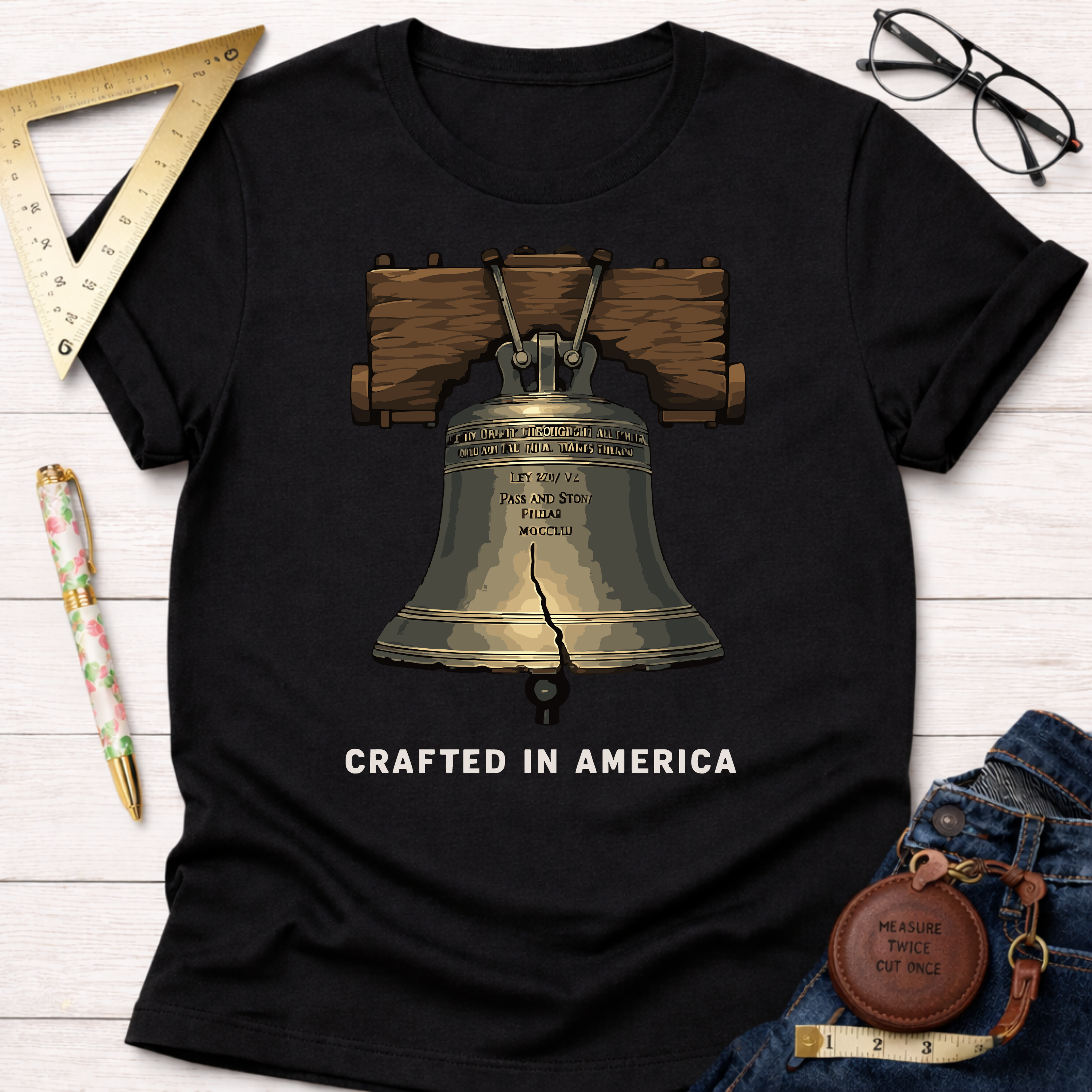 Black cotton t-shirt with a detailed Liberty Bell graphic and "CRAFTED IN AMERICA" text.
