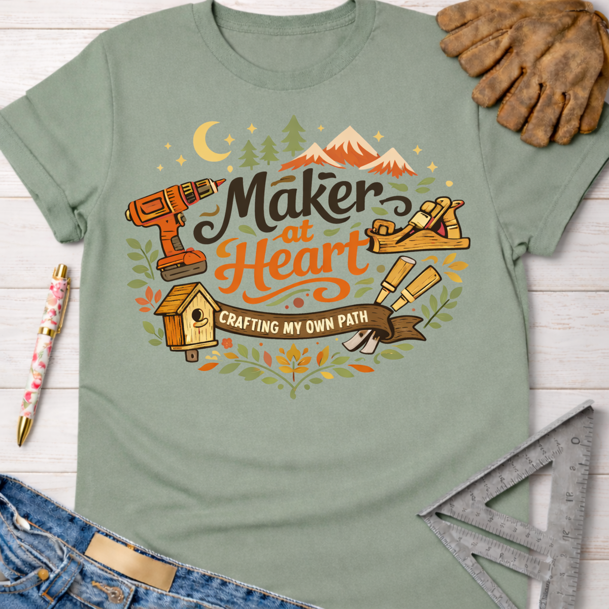 Women's funny woodworking graphic tee shirt for female woodworkers, makers, and DIY builders — Sawdust & Ponytails. Sage green cotton tee with "Maker at Heart: Crafting My Own Path" graphic, tools, and mountains.