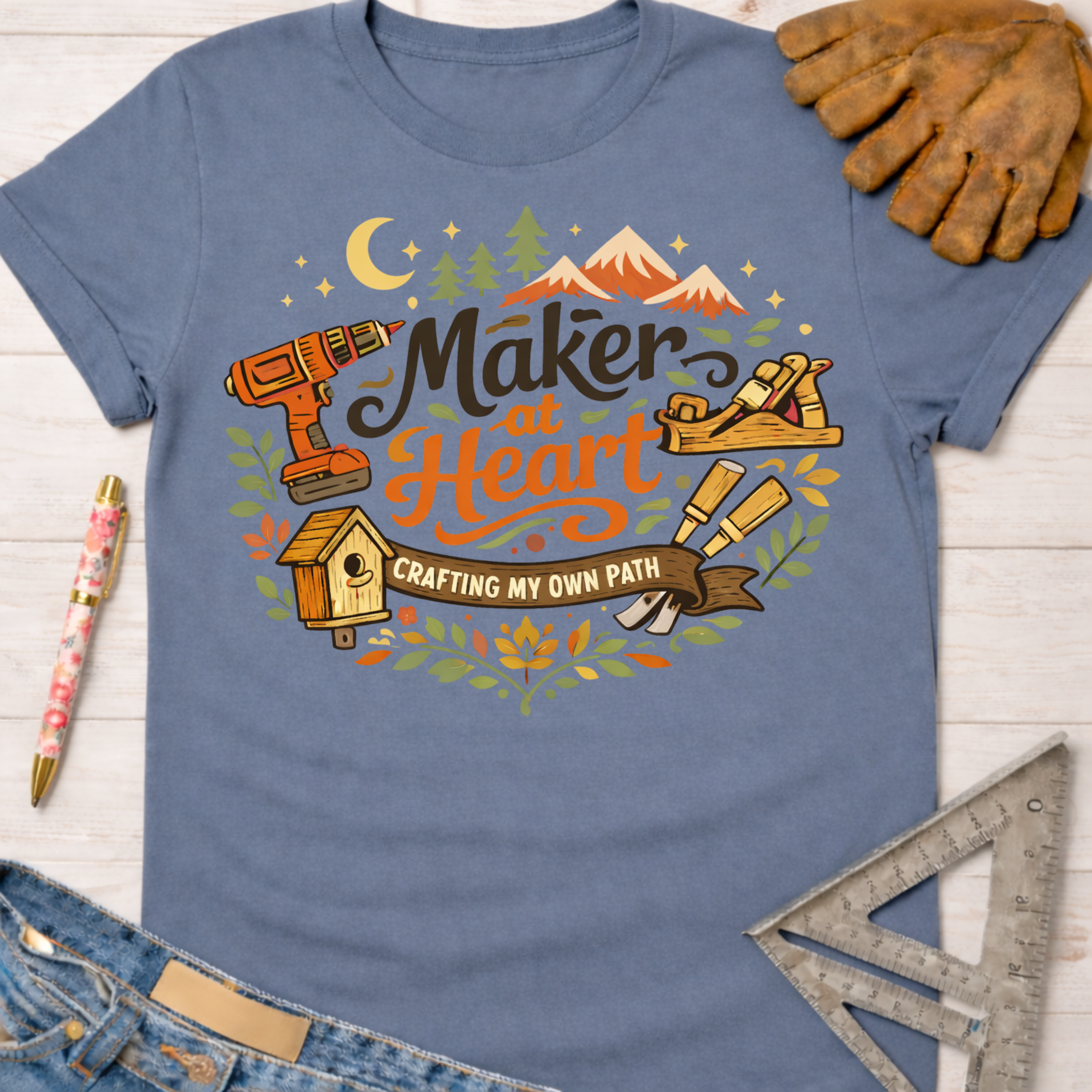 Women's funny woodworking graphic tee shirt for female woodworkers, makers, and DIY builders — Sawdust & Ponytails. Blue cotton tee with "Maker at Heart, Crafting My Own Path" graphic, tools, and nature.