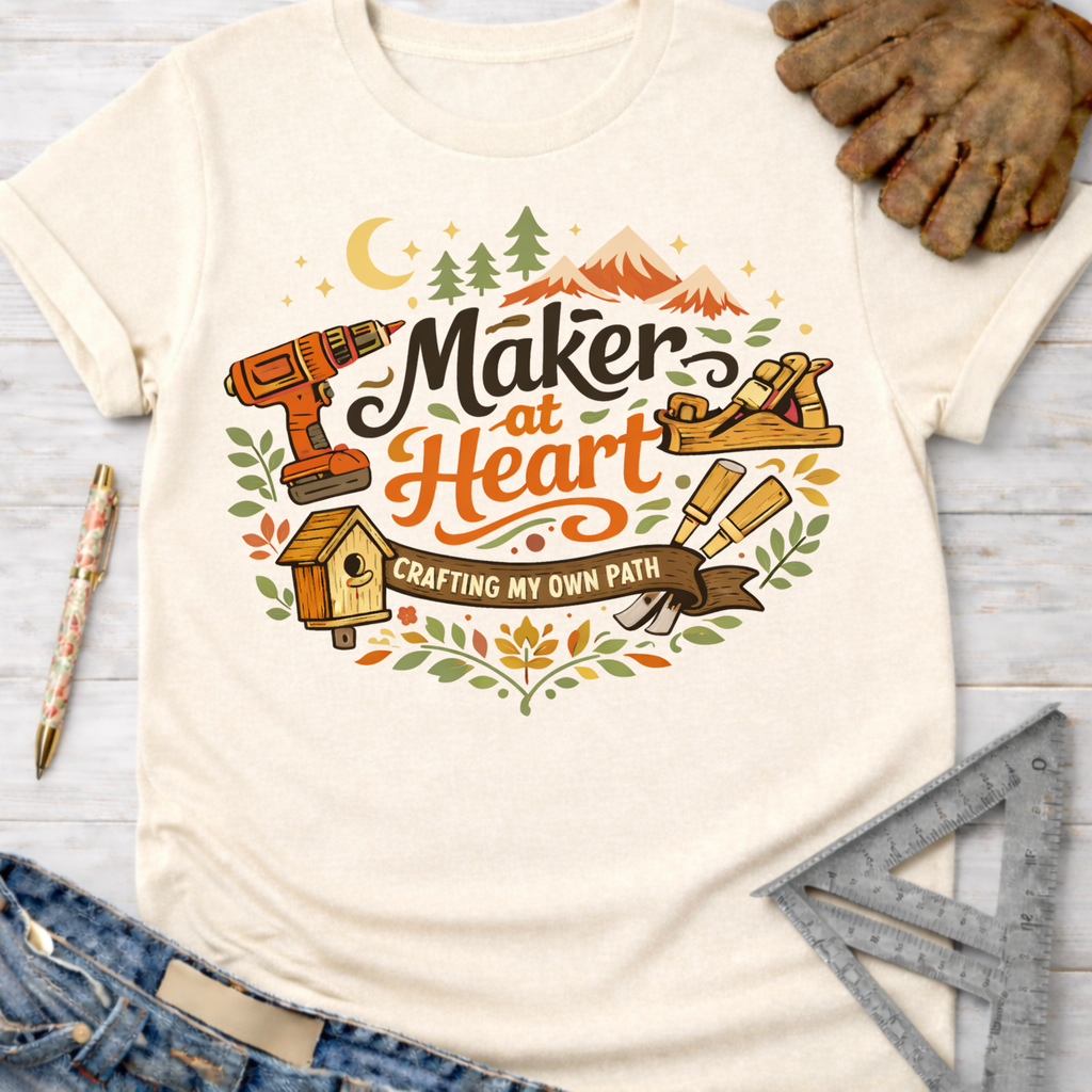 Women's funny woodworking graphic tee shirt for female woodworkers, makers, and DIY builders — Sawdust & Ponytails. Cream t-shirt with "Maker at Heart: Crafting My Own Path" graphic, featuring tools, mountains, and a birdhouse.