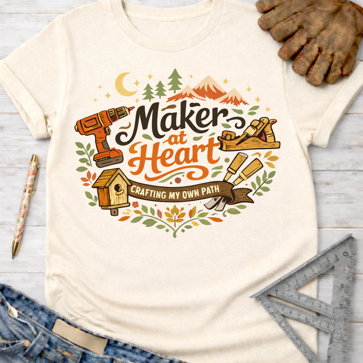 Women's funny woodworking graphic tee shirt for female woodworkers, makers, and DIY builders — Sawdust & Ponytails. Cream t-shirt with "Maker at Heart: Crafting My Own Path" graphic, featuring tools, mountains, and a birdhouse.