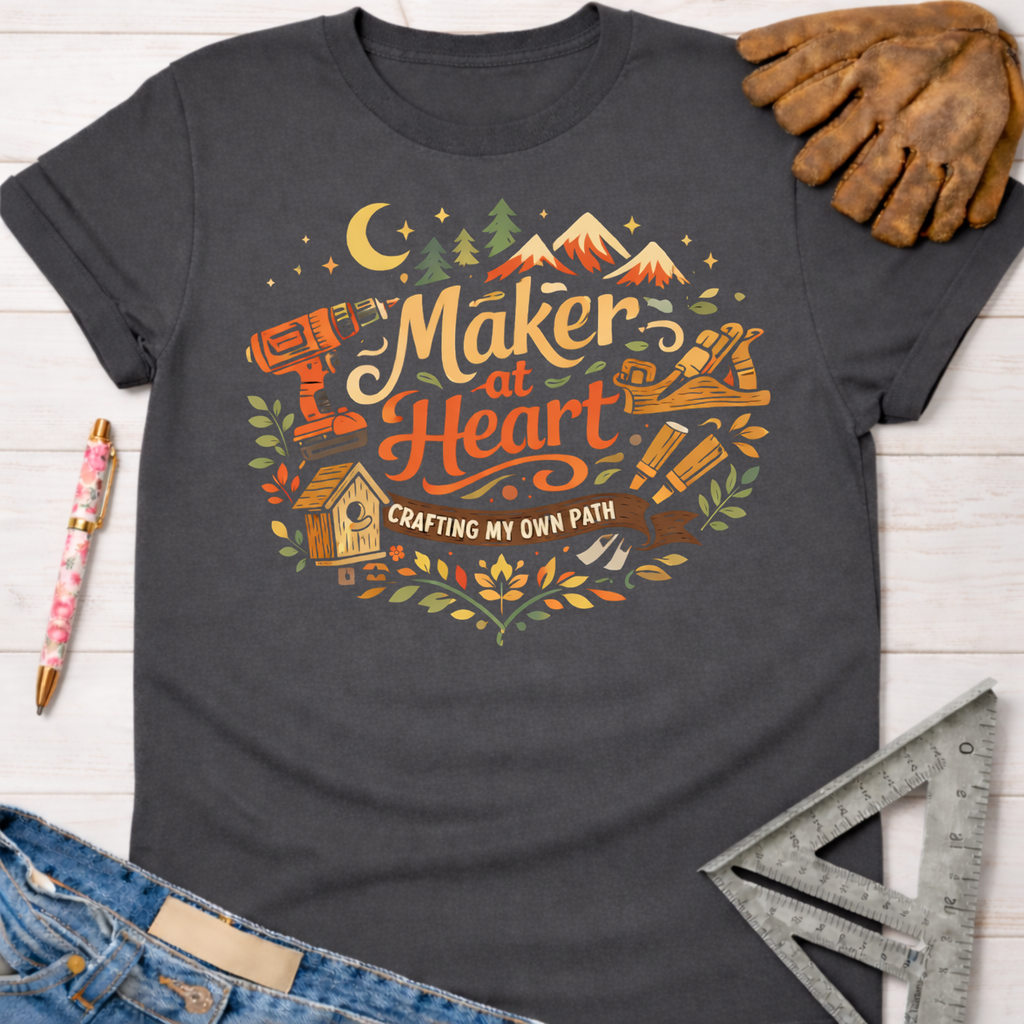 Women's funny woodworking graphic tee shirt for female woodworkers, makers, and DIY builders — Sawdust & Ponytails. Dark gray tee with "Maker at Heart: Crafting My Own Path" graphic.