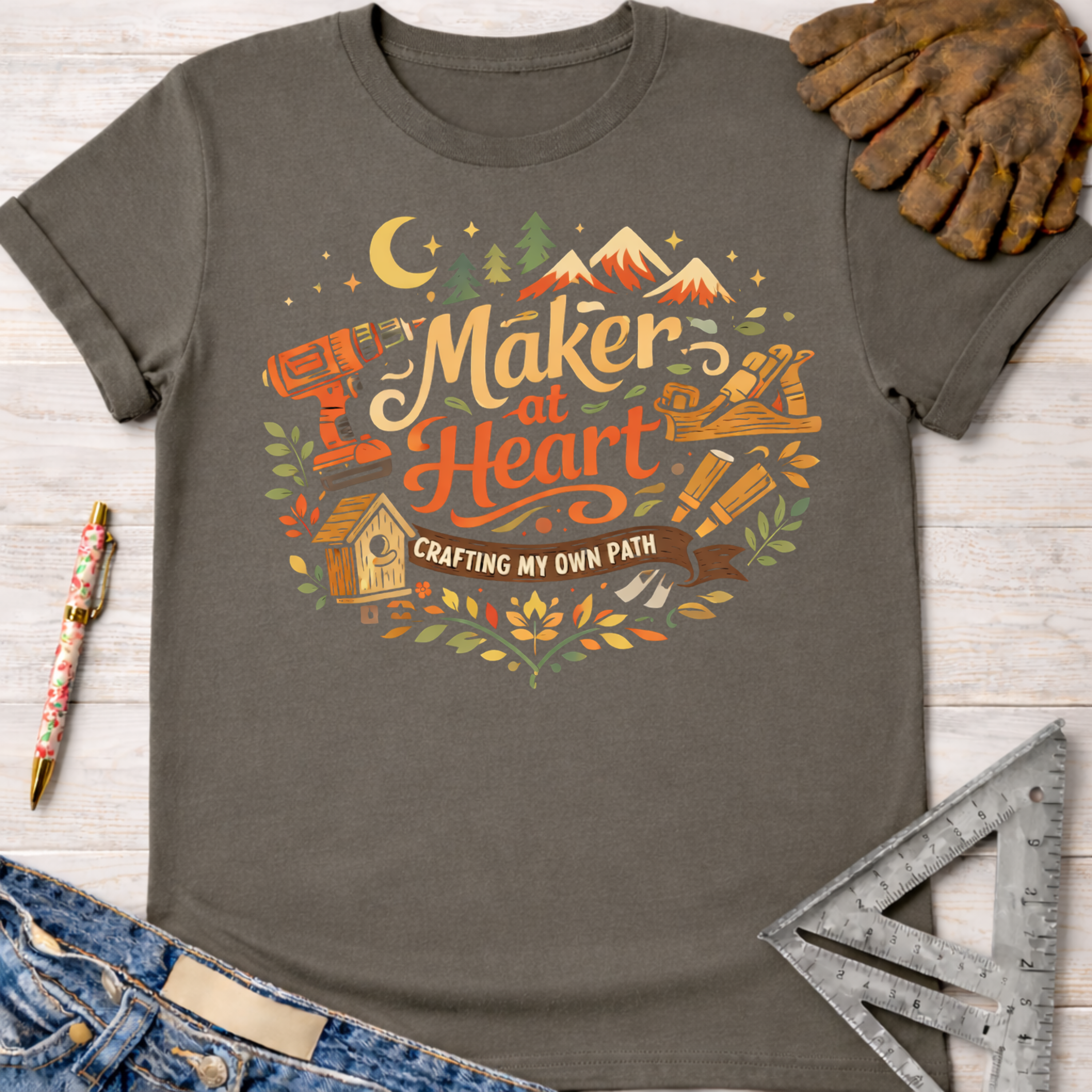 Women's funny woodworking graphic tee shirt for female woodworkers, makers, and DIY builders — Sawdust & Ponytails. Dark gray cotton tee with "Maker at Heart" graphic featuring tools, mountains, and "Crafting My Own Path" banner.